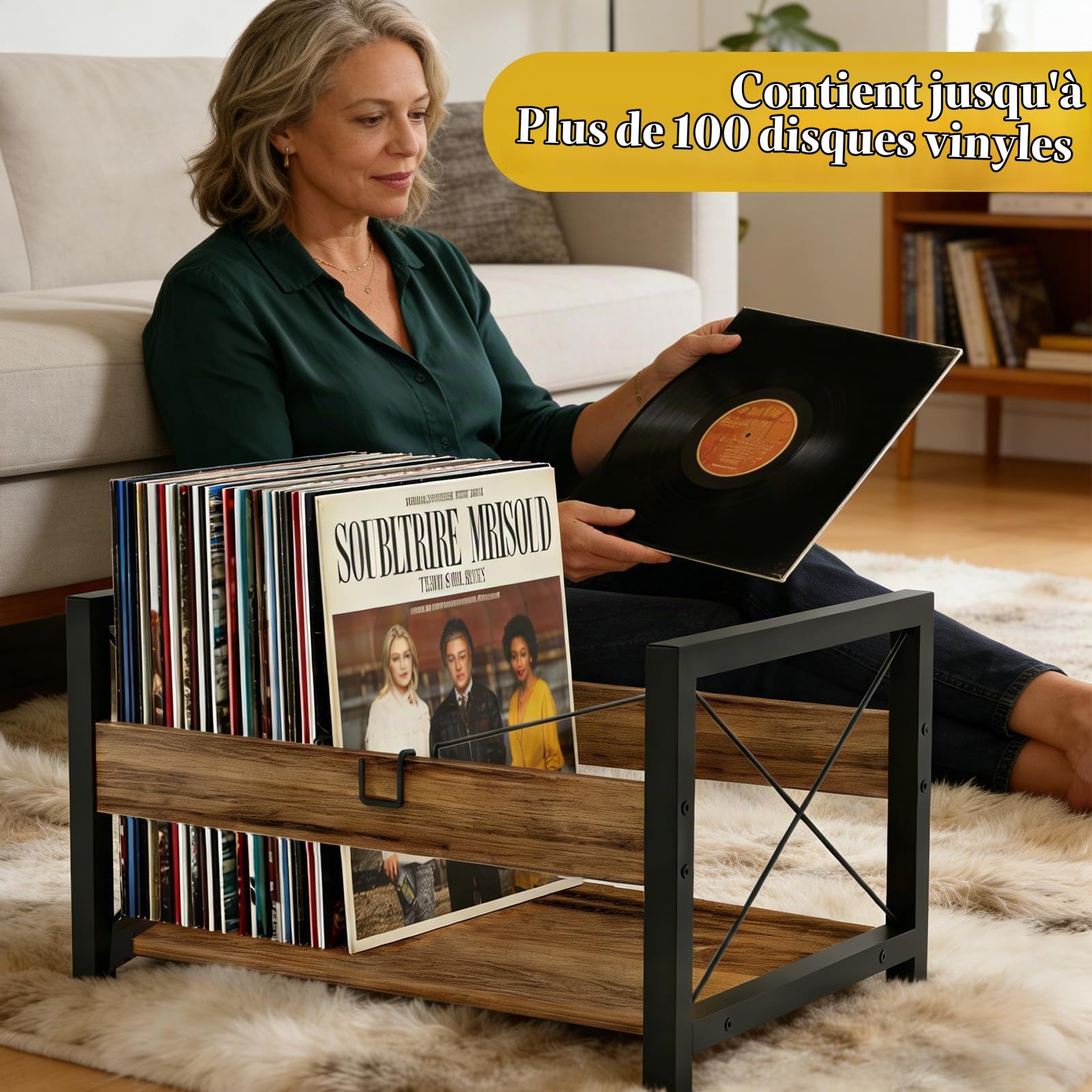 Support Vinyle pour 100 LP avec Séparateur, Bois Meuble Vinyles