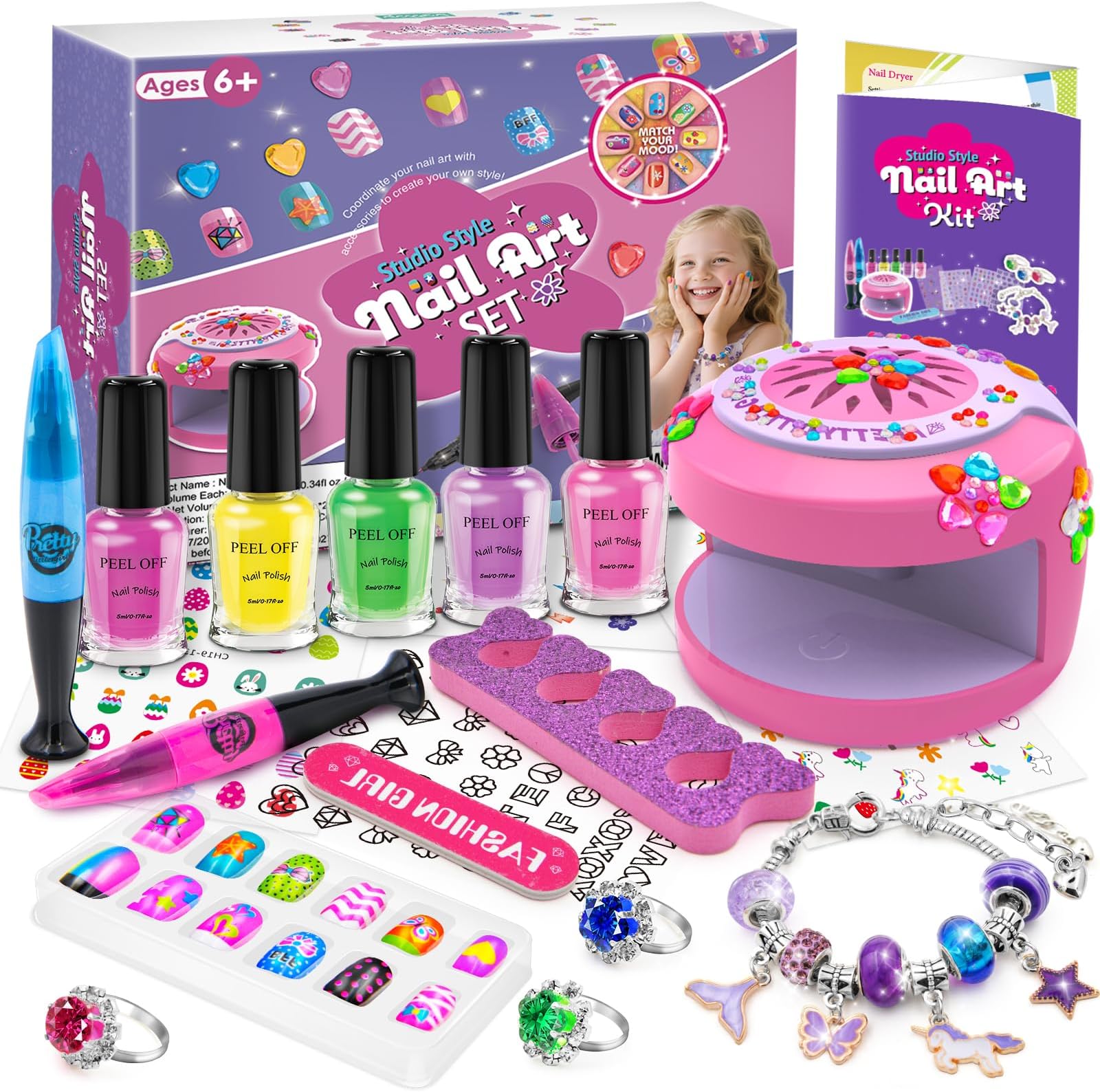 BATTOP Kids Nail Polish Set for Girls - Kids Nail Art Kit with Dryer & Fake Nail & Sticker & Water Based Nail Polish & Nail Art Pen - Idea Gifts for Girls Ages 6 7 8 9 10 11 12