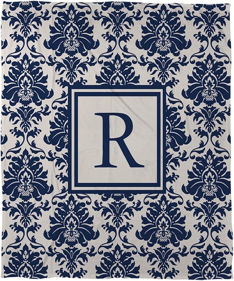 Manual Woodworker & Weavers Duvet Cover, Queen/Full, Monogrammed Letter R, Blue Damask
