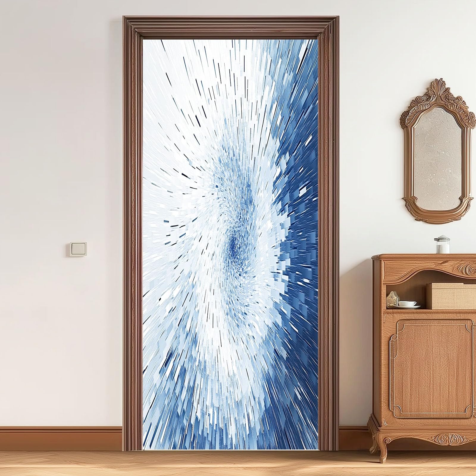 Naklejka na drzwi 3D, samoprzylepna, PCW, 90 x 200 cm, zdejmowana, niebieska, wodoszczelna, do sypialni, kuchni, łazienki, biura, tapeta na drzwi - abstrakcyjna geometria fragment pasków, motyw do