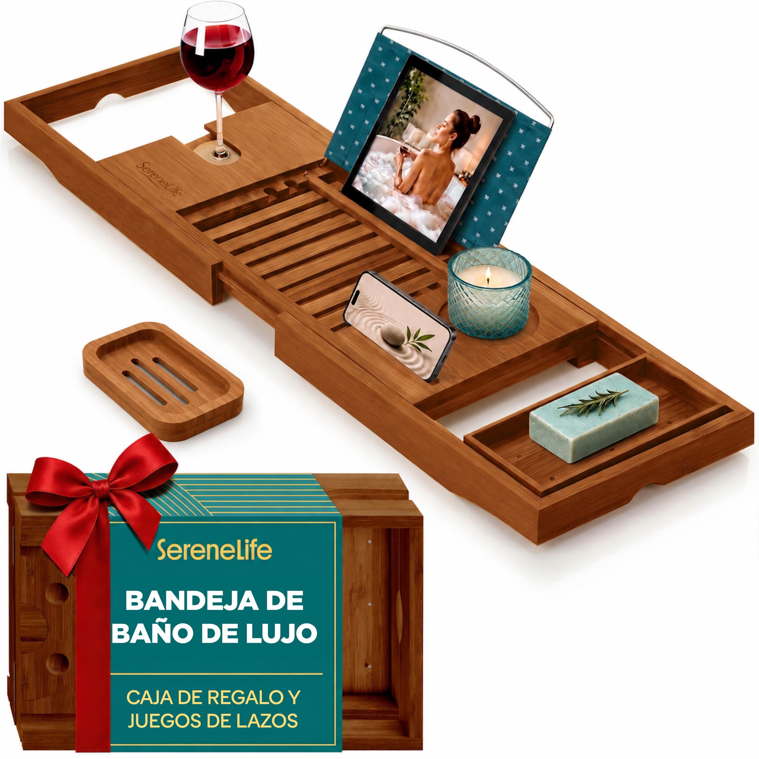 SereneLife Bandeja bañera, Bambu, Extensible, Ajustable, Soporte para Copa de Vino, Libro, Movil, Tablet