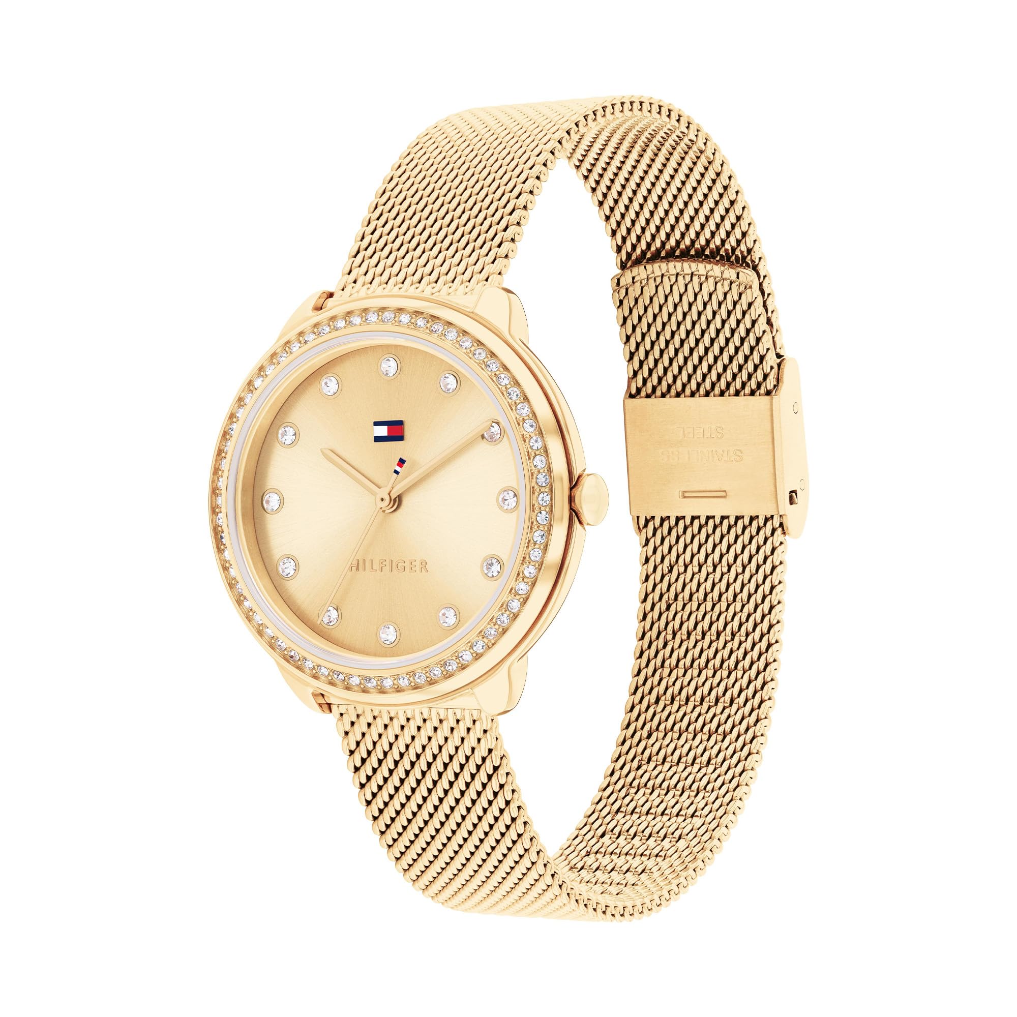Tommy Hilfiger Uhr mit DREI-Zeiger-Quarzwerkfür Damen mit Goldfarben Edelstahl-Mesh-Gliederarmband - 1782699