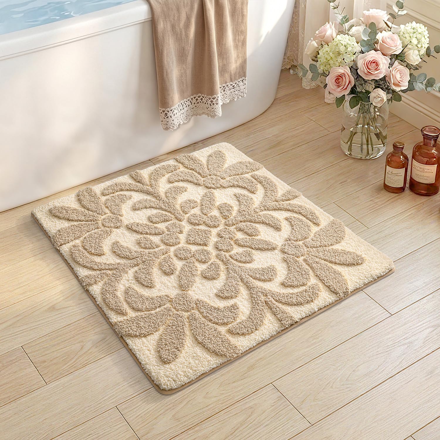 DEXI Floral Bathroom Rugs Non Slip Washable, Square Bath Mat 24x24