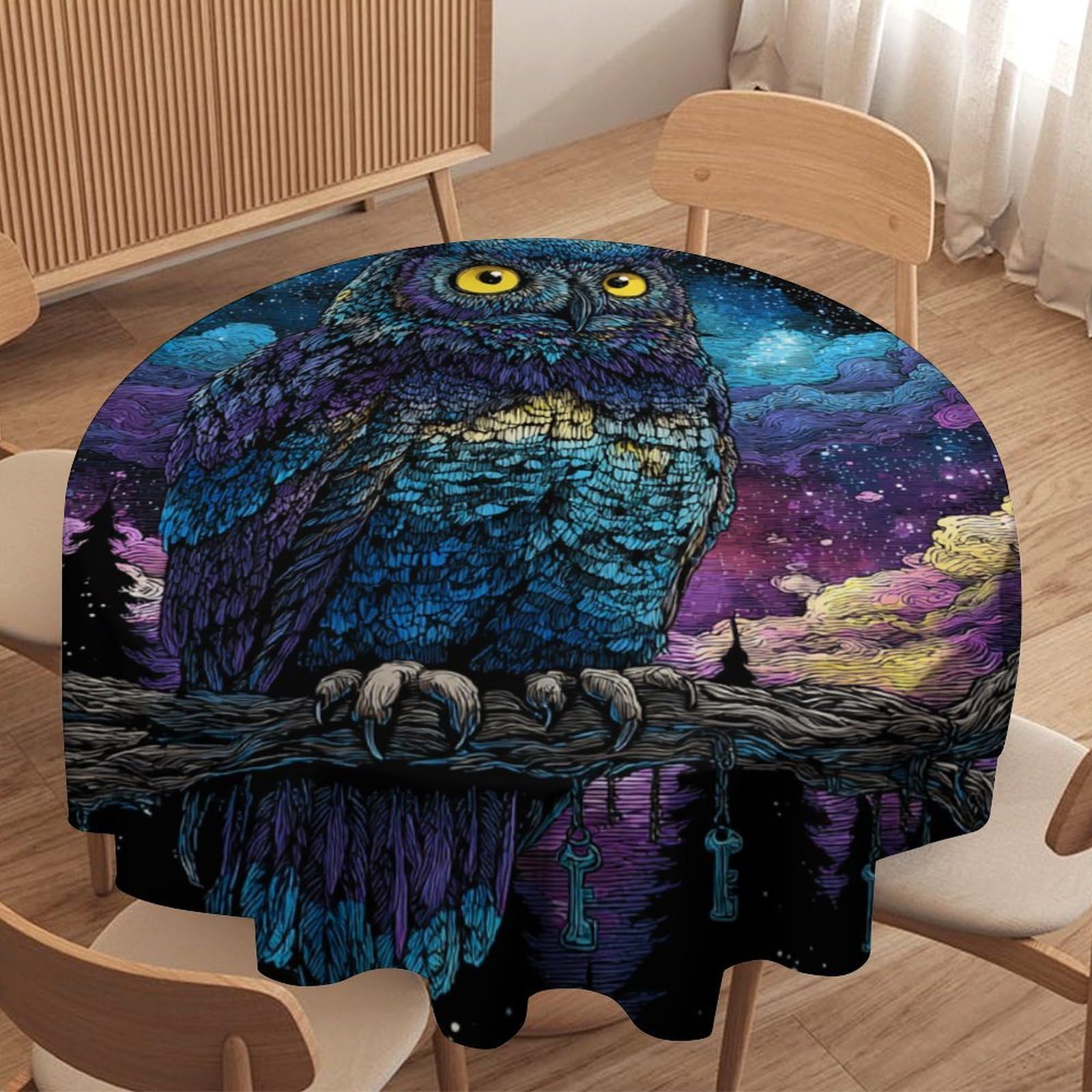 LUYYSKY Colorful Realistic Cool Owl Waterproof Round Tablecloth Modern Painting Art Starry Sky Galaxy Nebula Animals Owl Washable Table Cover for Kitchen-177.8" Wx177.8 L cm