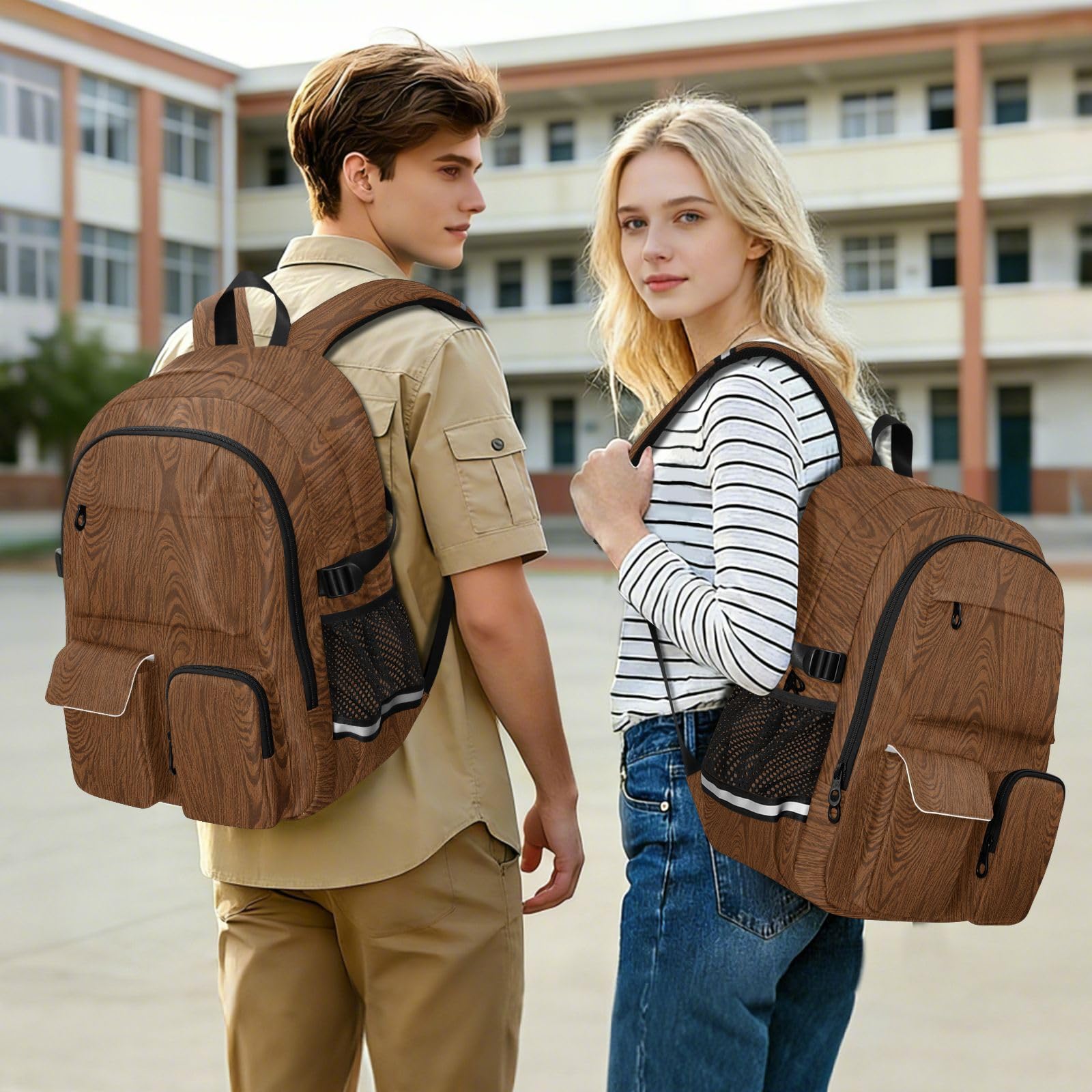 Sac à dos de voyage pour homme - Grain de bois marron - Vintage - Pour le travail, l'école, l'école - 44,5 cm - Sac à dos léger et décontracté