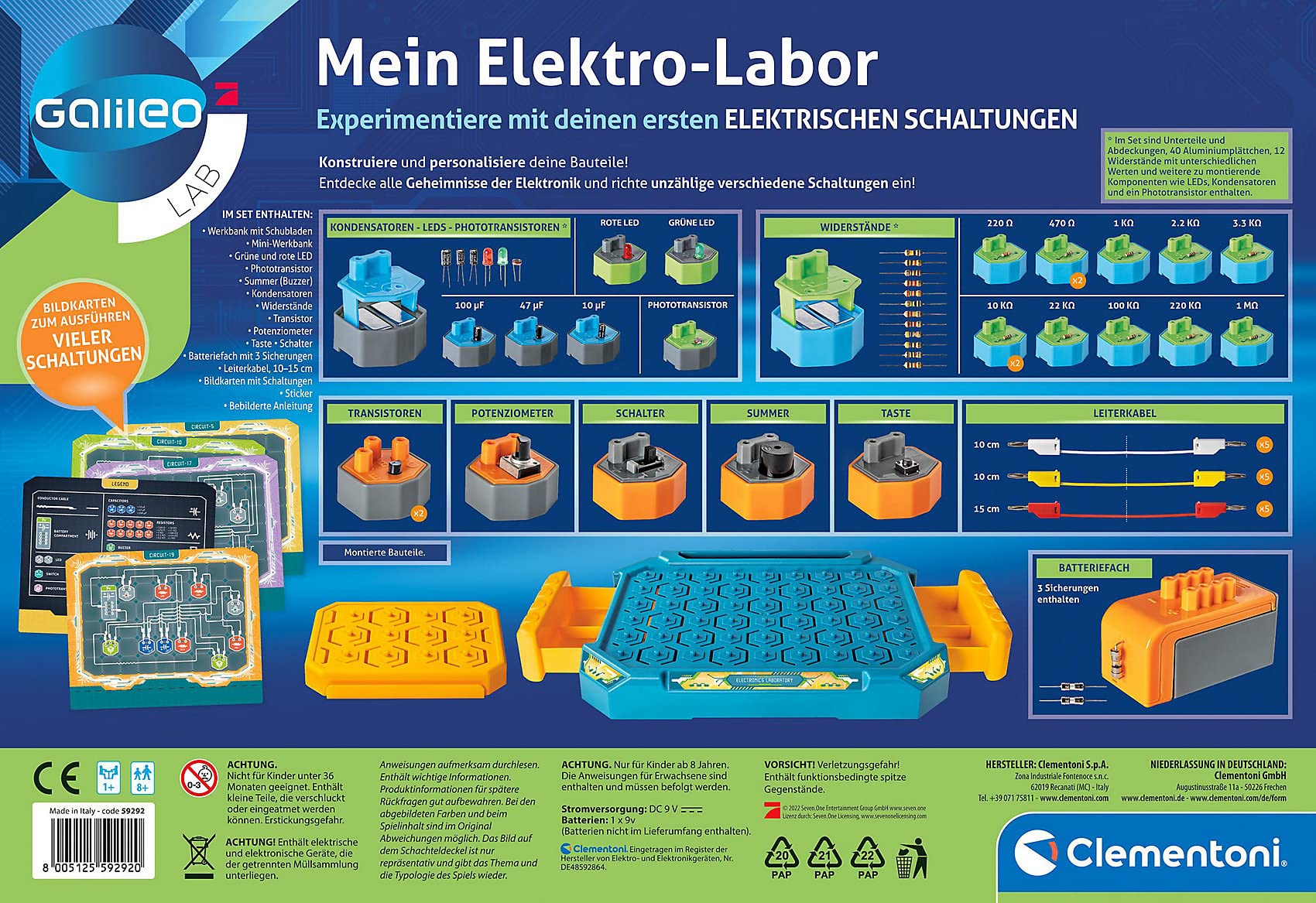 Clementoni Galileo Lab - Il mio laboratorio elettrico, emozionante scatola per esperimenti, kit elettronico con sensori ed effetti luminosi, per bambini dagli 8 anni in su, Clementoni 59292