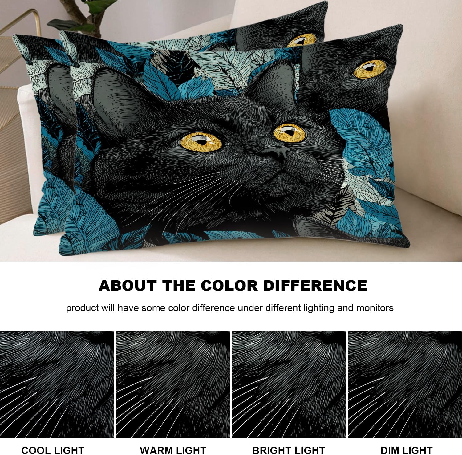 Shrahala Cute Cat in Blue Black Pillowcases, Black Cats Yellow Eyes Blue Leaves Lumbar Pillow Cover Decorative Blended Double-Sided No Inserts for Bedroom Sofa Living Room Set of 2 (26 x 20 in)