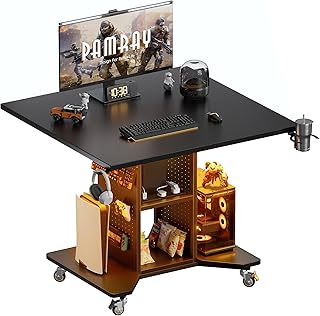Pamray Small Rolling Gaming Desk with Led Lights Power Outlets and Stora...