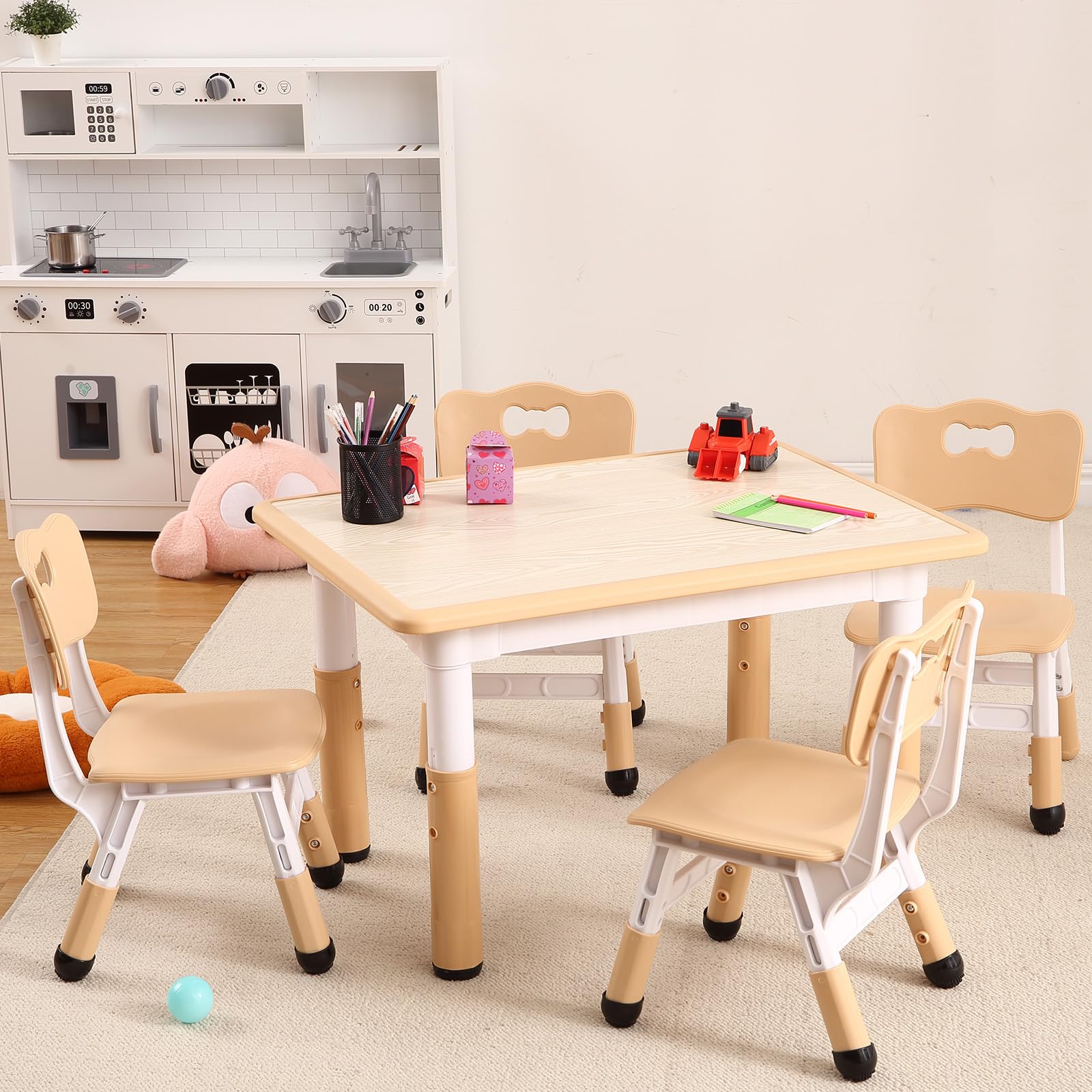 Kids Table and 4 Chairs Set Height Adjustable Toddler Arts & Crafts Table for Ages 2-10 Easy to Wipe Multi-Activity Kids Table and Chair Set Non-Slip Table Legs for Home, Classroom & Daycare WoodColor