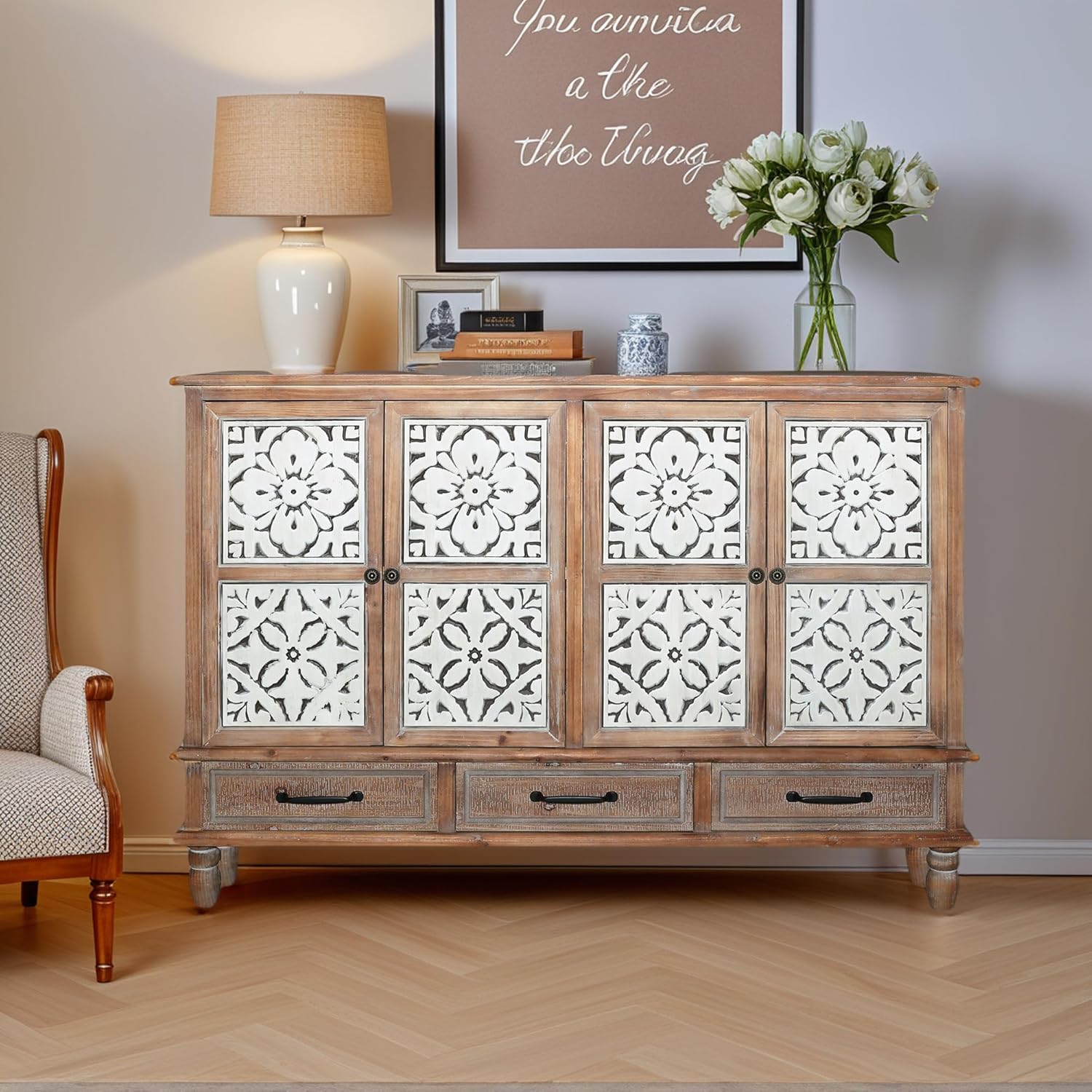 Hallway Cabinet - Solid Wood Farmhouse Storage Cabinet,Vintage Entry Way Cabinet with Storage,French Country Sideboard Buffet with Doors and Shelves