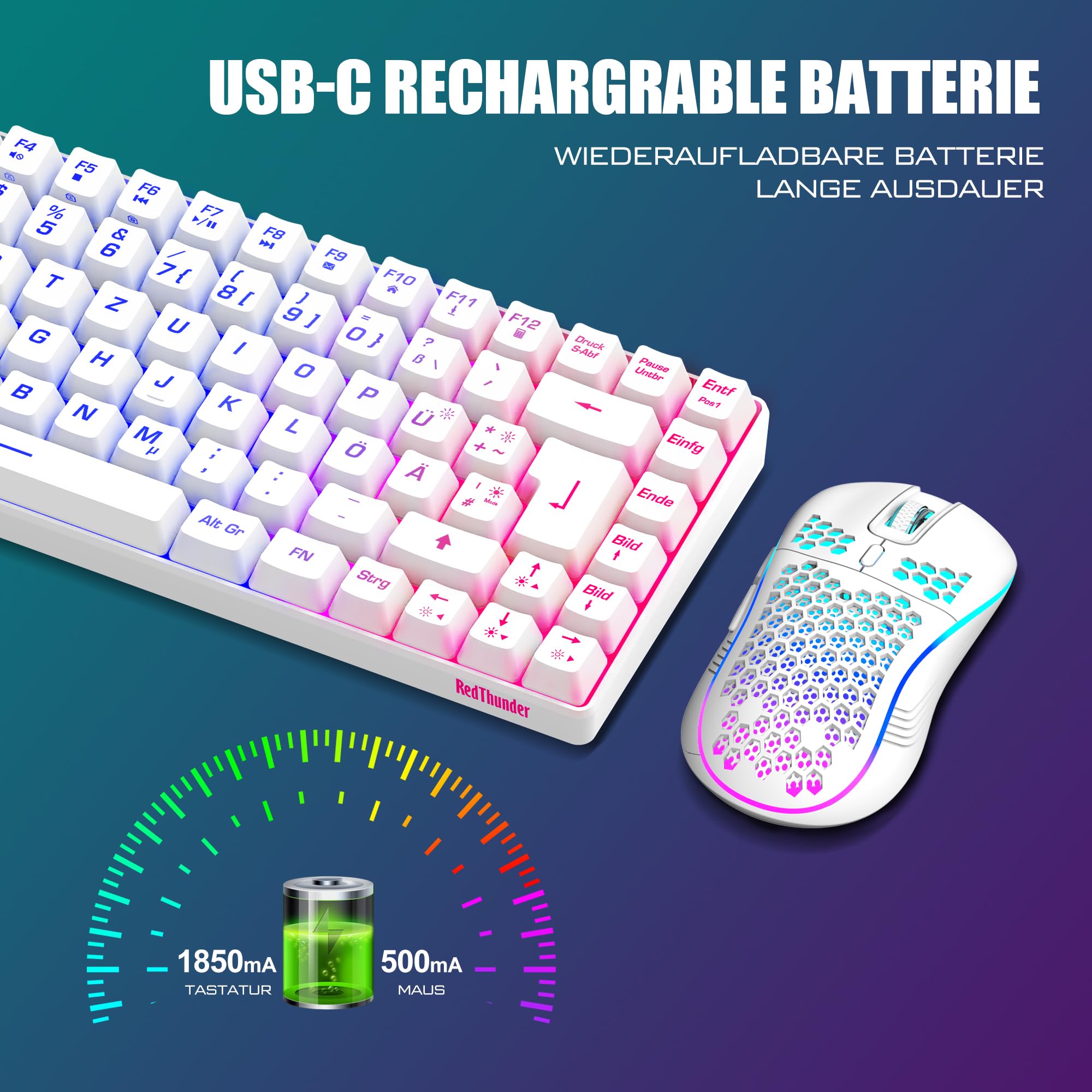 RedThunder 75% Teclado Inalámbrico Gaming,Retroiluminación RGB,Ratón Celular Ligero de 3200 dpi,Teclado Ultra-Compacto 85 Teclas Anti-ghosting,Disposición DE,para PC/PS5/Xbox(Blanco)