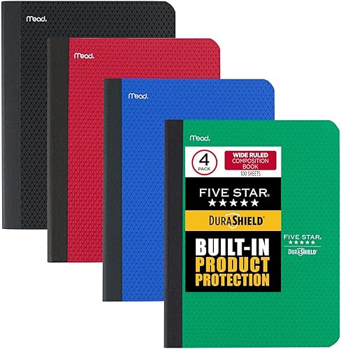 Five Star DuraShield - Libros de composición con cubiertas antimicrobianas, paquete de 4, 1 materia, papel de rayas anchas, 11 x 8-12 pulgadas, 100