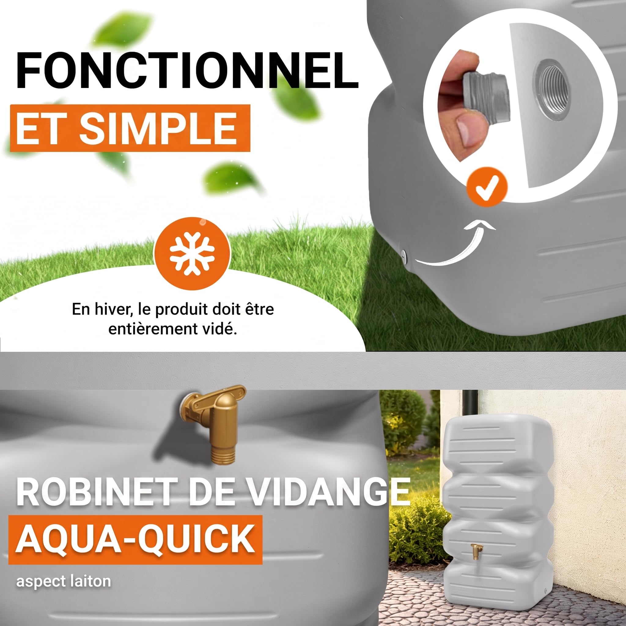 GARANTIA CUBUS cuve de Jardin kit Complet 340 litres Gris béton INCL. Robinet de Sortie en Plastique et raccord de Descente - récupérateur d'eau de Pluie Sobre - pour terrasse - extérieur Durable