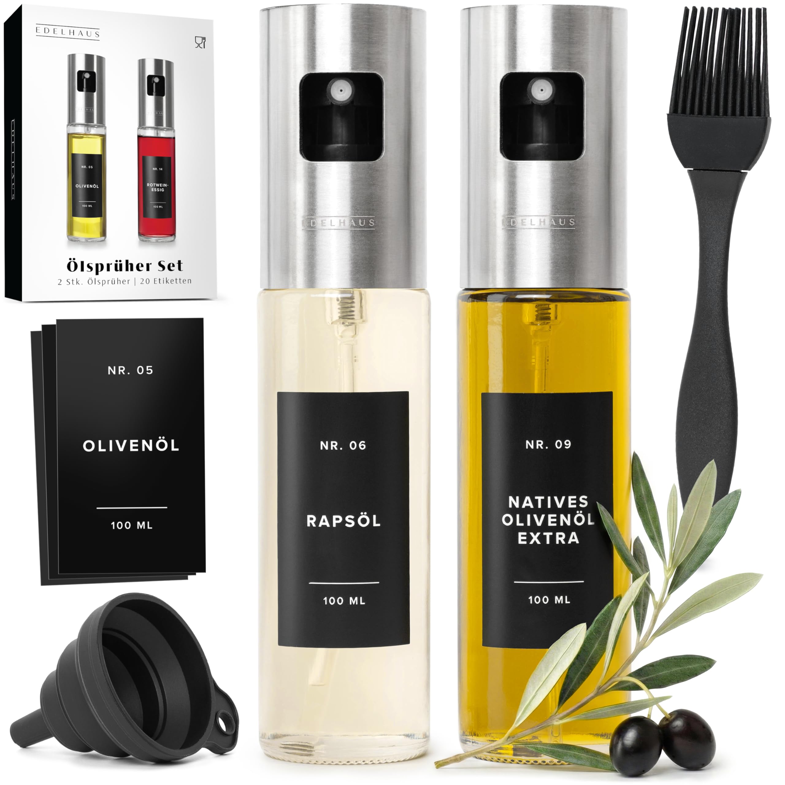 EDELHAUS Ölsprüher 2er Set - Hochwertige Öl-Sprühflasche aus Edelstahl & Glas, für gesundes Kochen I Sprüher für präzise Dosierung I für Speiseöl & Essig inkl. 20 Ettiketen, Trichter, Silikonpinsel