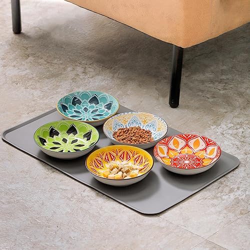 Miniatura 2 de Boho, 5 cuencos de cerámica para gatos con alfombrilla de silicona, 5.5 pulgadas de ancho poco profundo para aliviar los bigotes