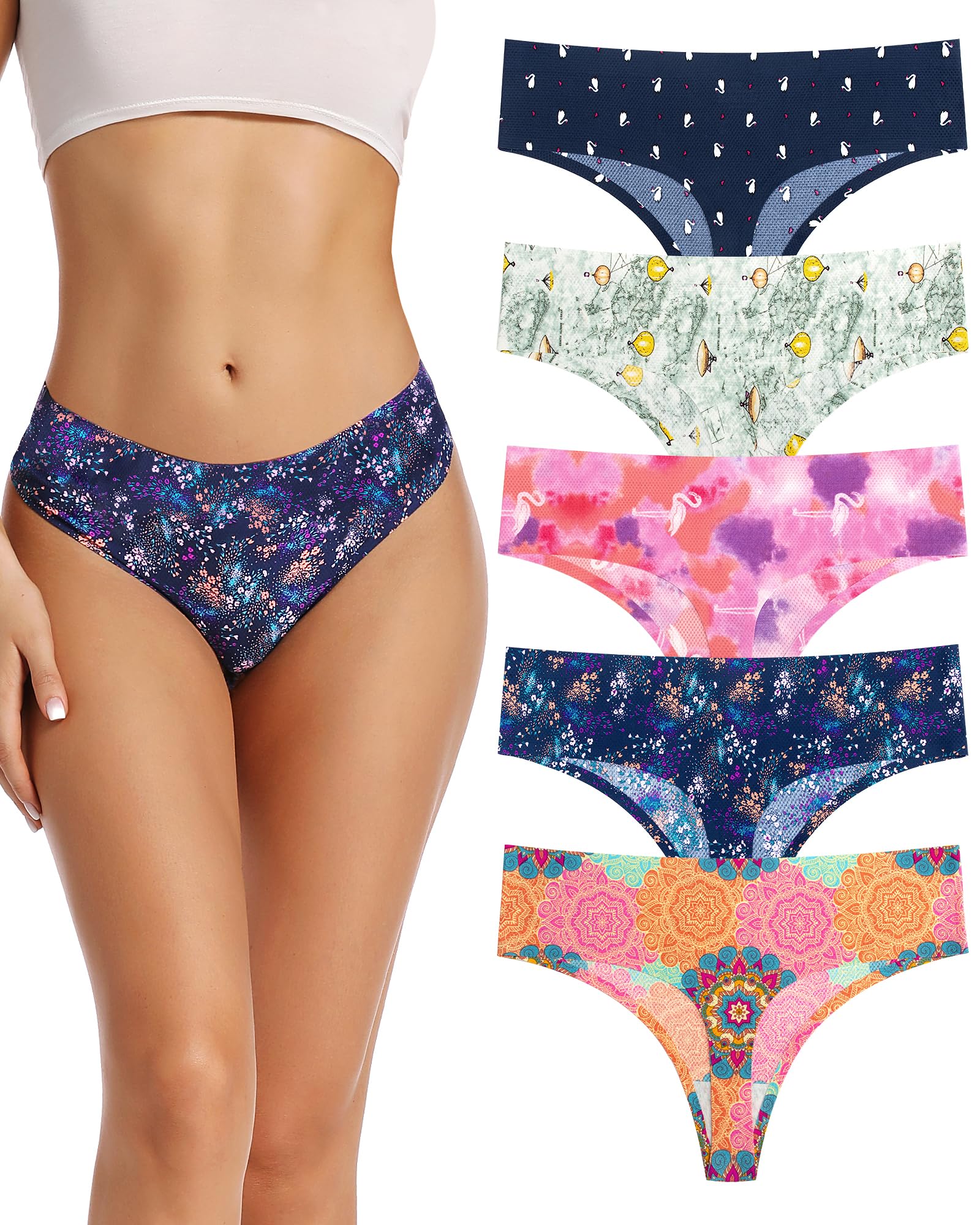 VOENXE Perizoma da Donna Senza Cuciture A Vita Alta,Slip Tange Donna Brasiliana,Invisibili Microfibra Mutande,Biancheria Confezione String Thong,Seamless,Pacco da 5