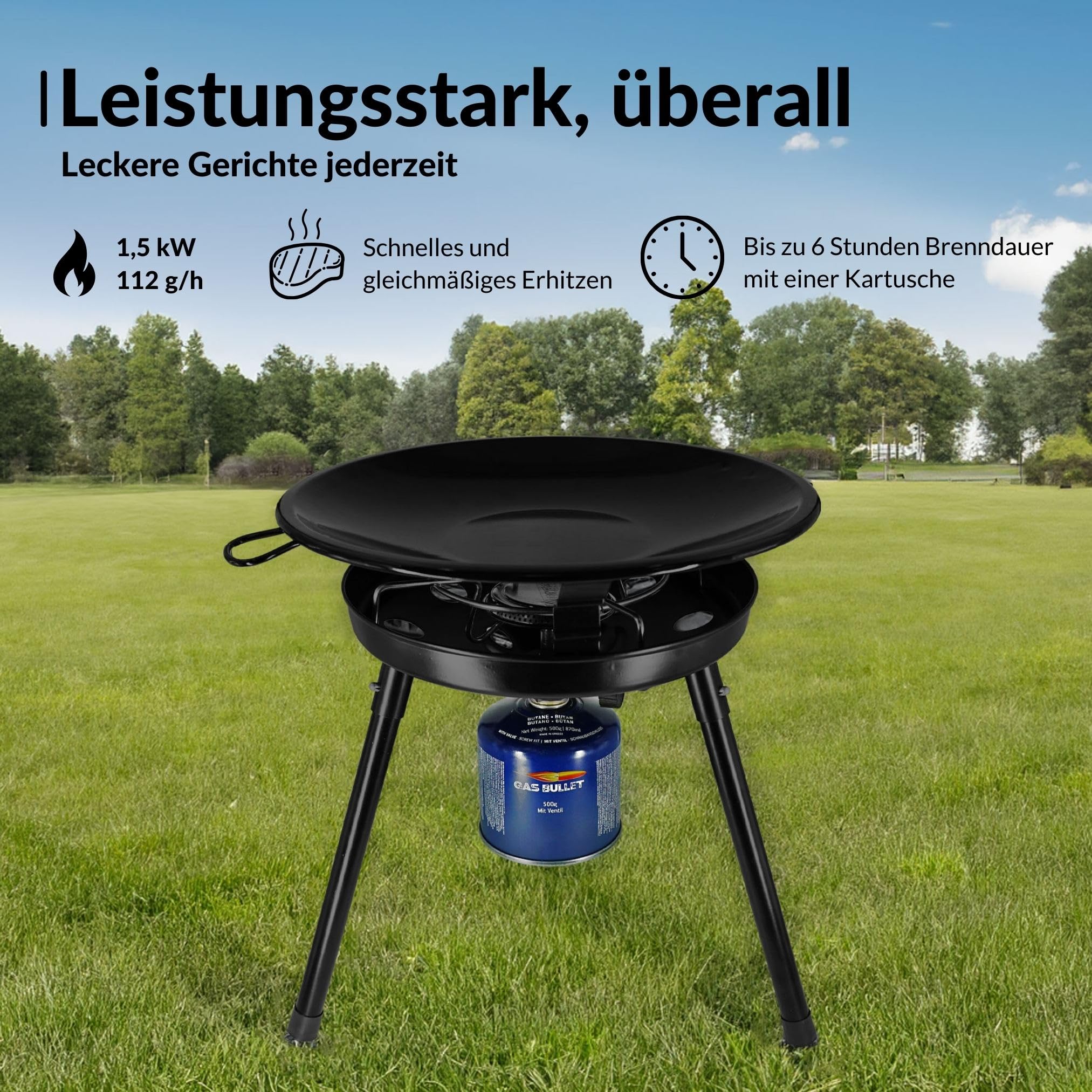 Gasgrill mit Pfanne & Wok + 4 Kartuschen (300g) | für Schraubgaskartuschen | Auseinanderschraubbar | Campinggrill, Party-Grill für Camping, Festivals & Outdoor (Gaskocher + 4 Kartuschen)