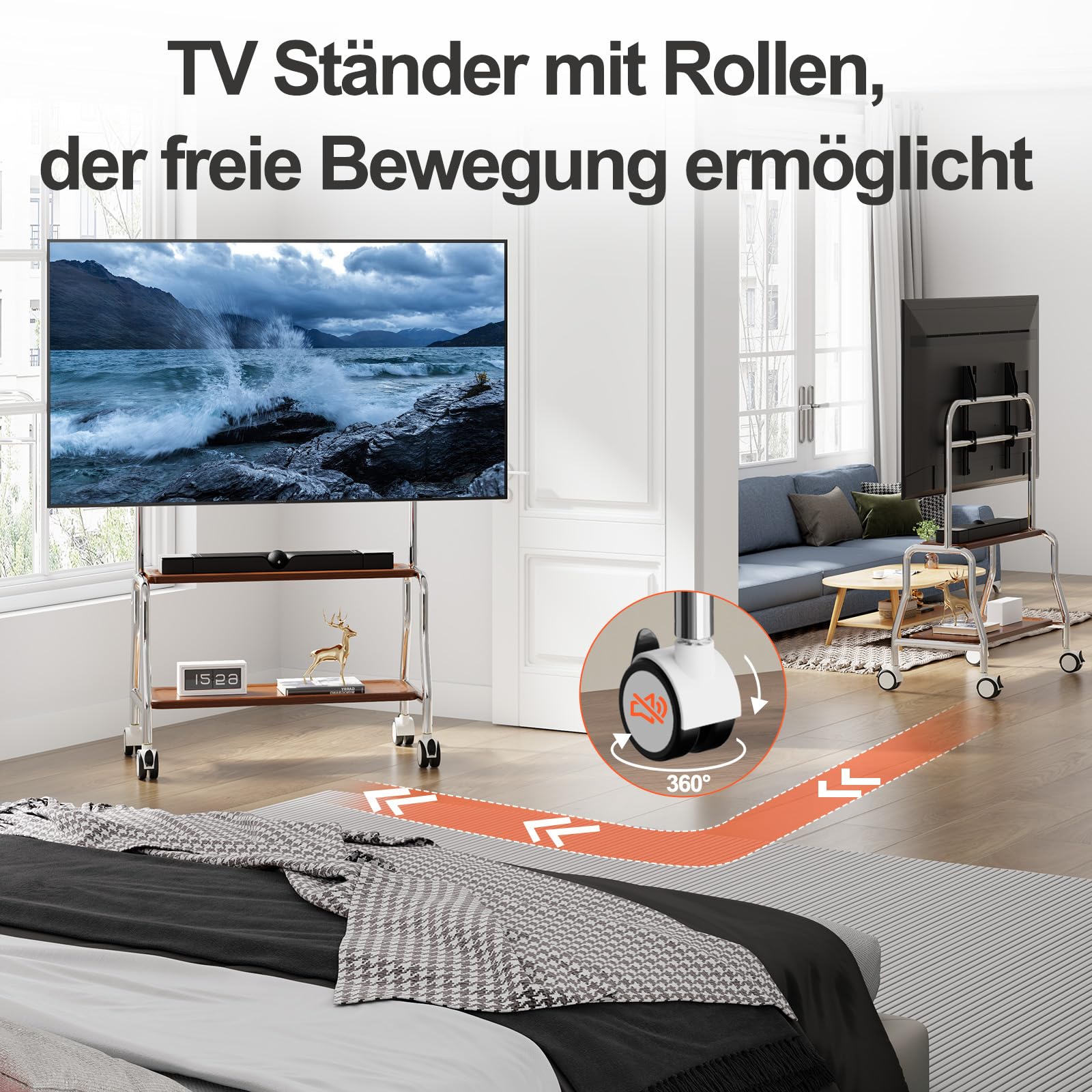 TV Ständer Rollbar für 32-75 Zoll Plasma/LCD/LED Fernseher, Mobiler TV-Ständer mit Doppelten Tablett und Lochplatte, Geeignet für Geschäfte, Wohnungen, Büros, Tragkraft 50 kg Max VESA: 600 * 400mm