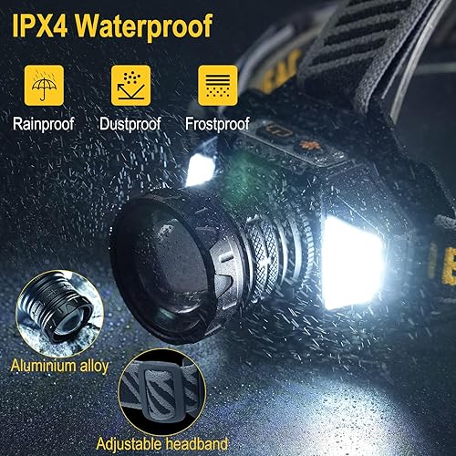 Miniatura 5 de BORUIT Linterna frontal LED recargable con luz roja, lámpara de cabeza con sensor de movimiento súper brillante con 8 modos, impermeable IPX4, faros