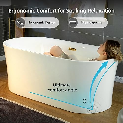 Miniatura 4 de WOODBRIDGE Bañera de acrílico independiente de 59 pulgadas con desbordamiento y drenaje de oro cepillado, bañera blanca