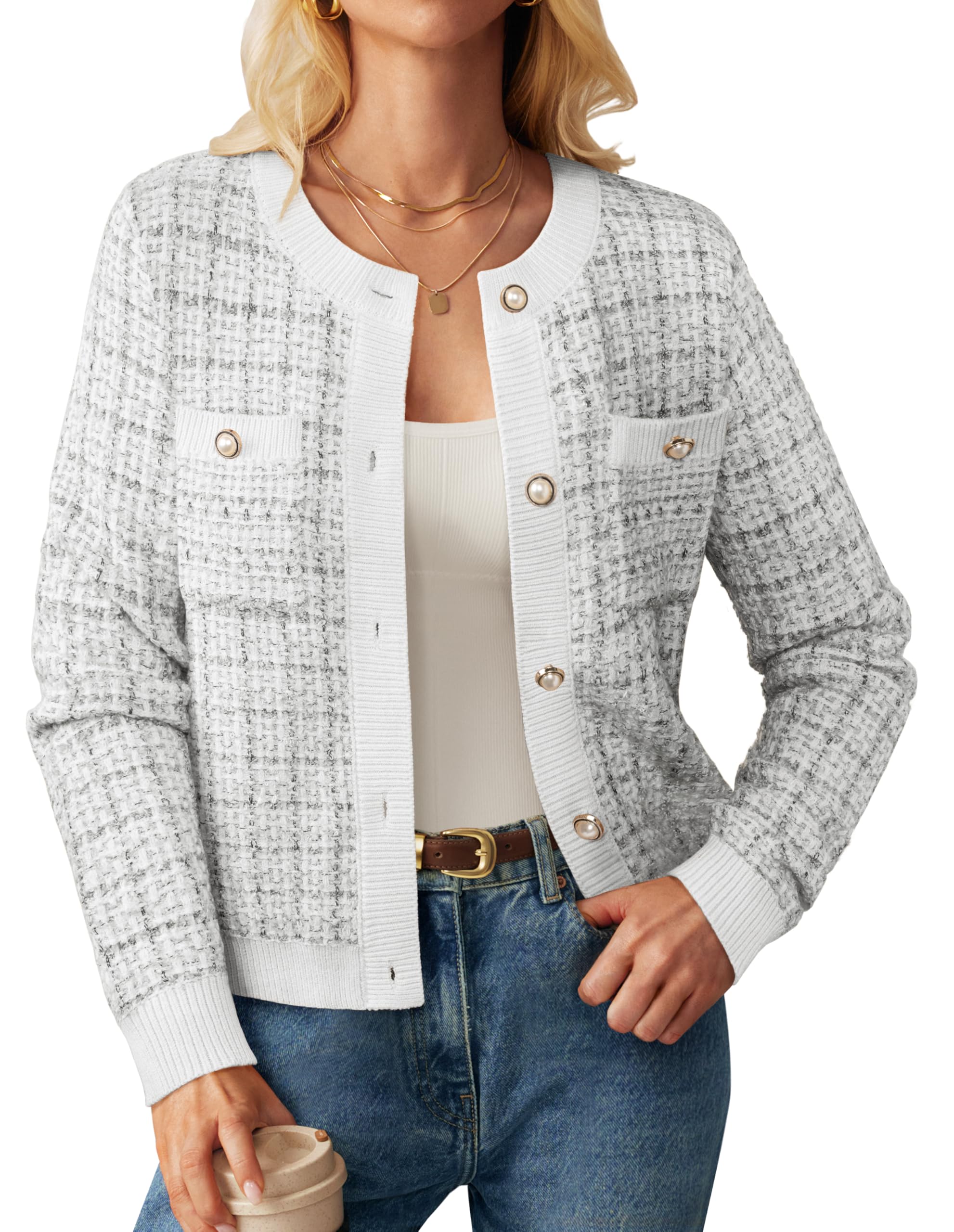 GRACE KARIN Womens Open Front Button Down Long Sleeve Texture Knit Cardigan Sweaters with Pockets