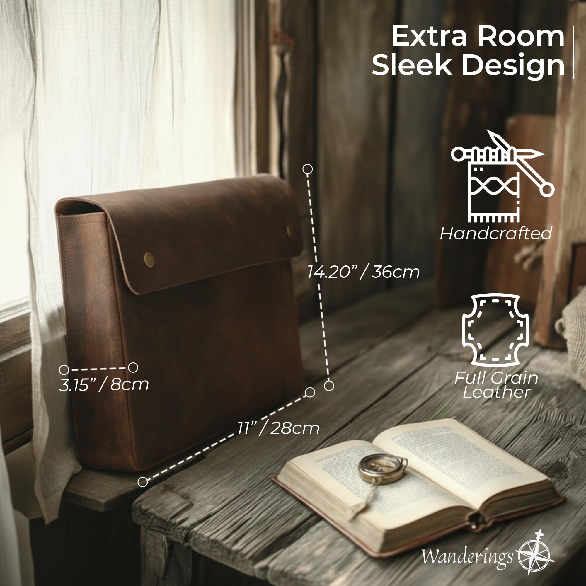WANDERINGS Carpeta Grande de Cuero Genuino con Correa Removible - Organizador de Documentos Folio Hecho a Mano - Portadocumentos de Cuero - Compatible con Tablets y Laptops de 15" 14" 13"
