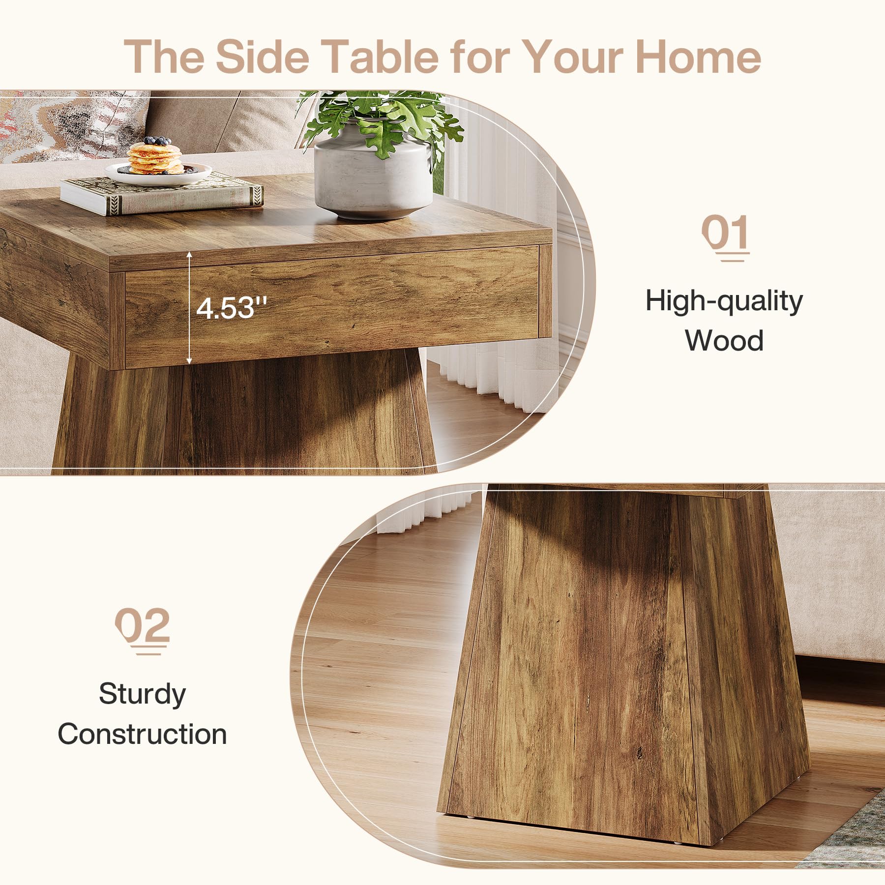 Tribesigns Small End Table Set of 2, Rustic Square Side Table with Wide Base, Farmhouse Small Nightstand Beside Bed, Next to Armchair, for Living Room, Brown