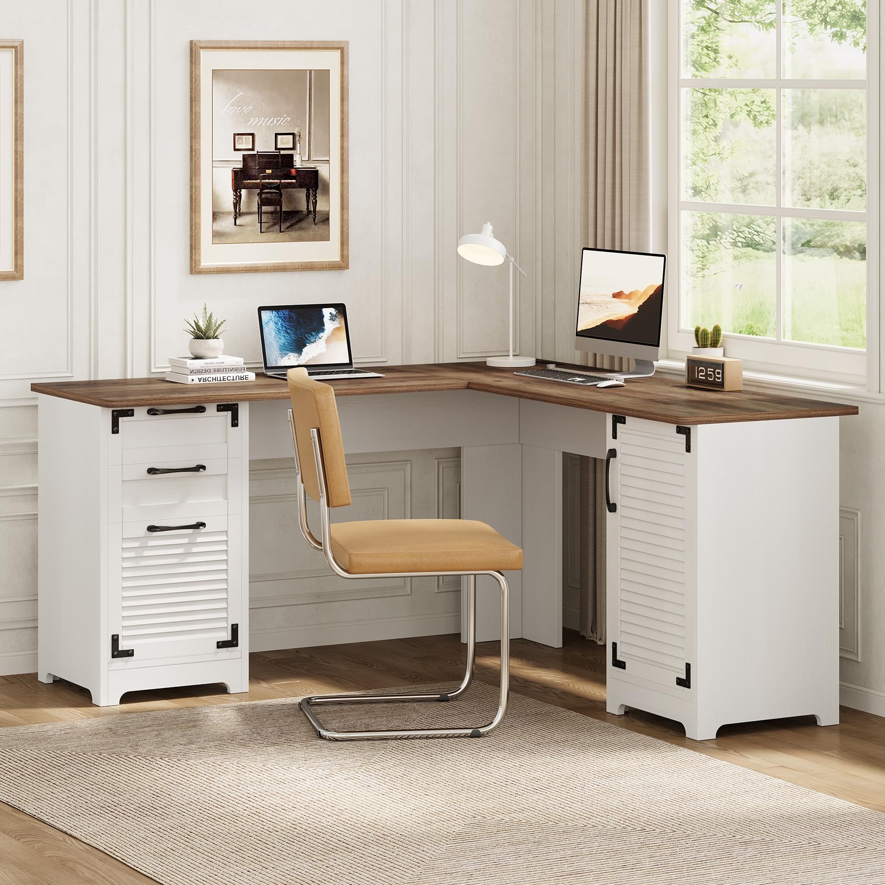 LITTLE TREE L Shaped Computer Desk with Power Outlets and Type-C & USB Charging Ports, 59" Wooden Executive Desk with File Drawer & Adjustable Storage Cabinet, Large Business Furniture for Home Office