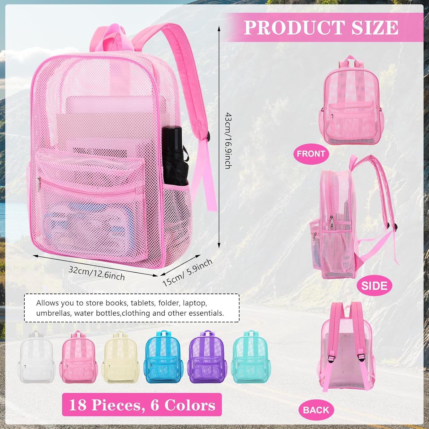 Silkfly 18 Pcs Mesh Backpacks, 17" Lightweight See-through School Bags for Kids Boys Girls, Ventilated Gym Bags Sports Beach Gifts (Pastel Colors)