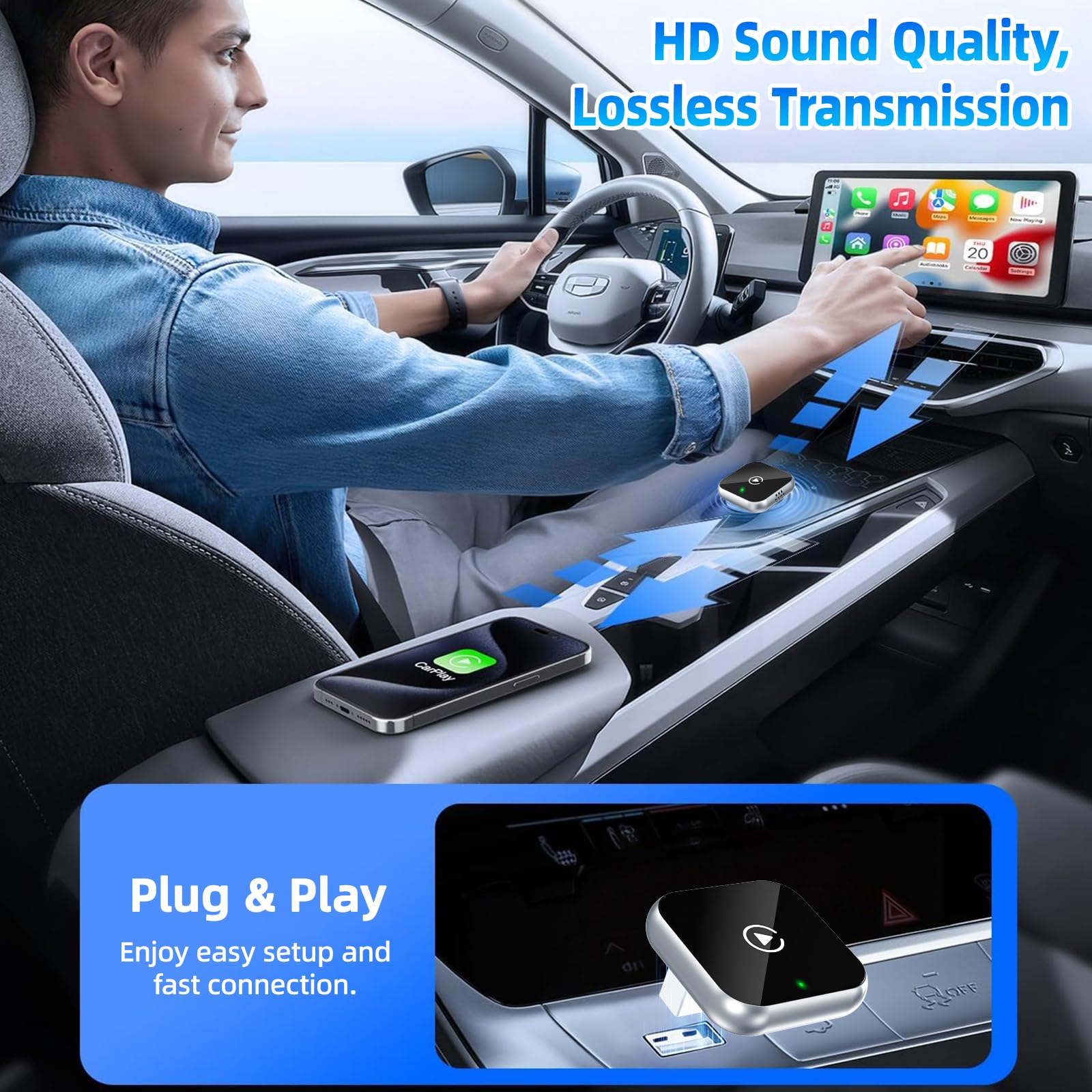 OVVOFPP 2026 Adaptateur CarPlay sans Fil Puce quadricœur 5G sans Latence Filaire-sans Fil prêt à l'emploi,Connexion Rapide et Stable, Compatible avec Les Véhicules Fabriqués Après 2016
