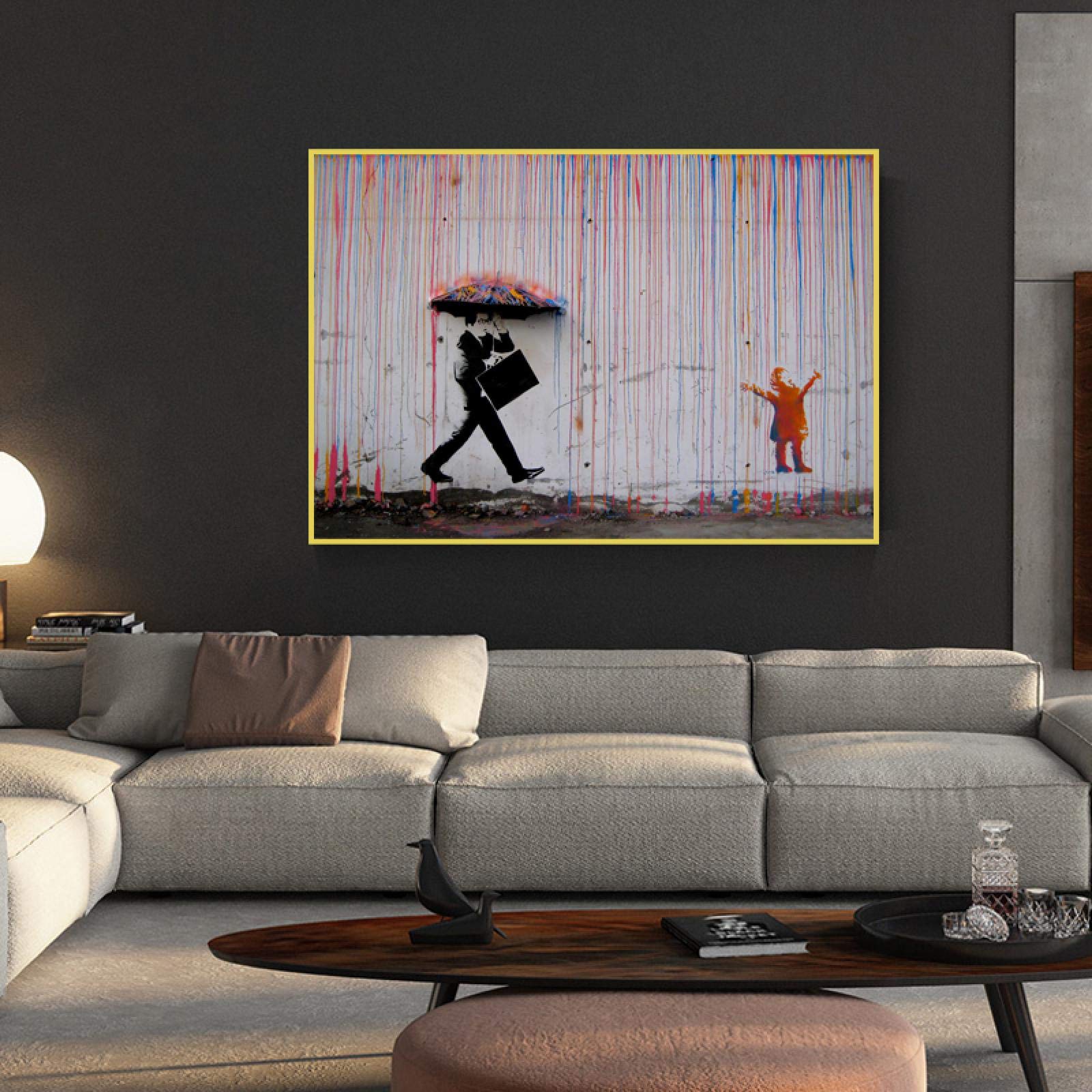 Amazon.co.jp: カラフルな雨アートキャンバス絵画バンクシーストリート