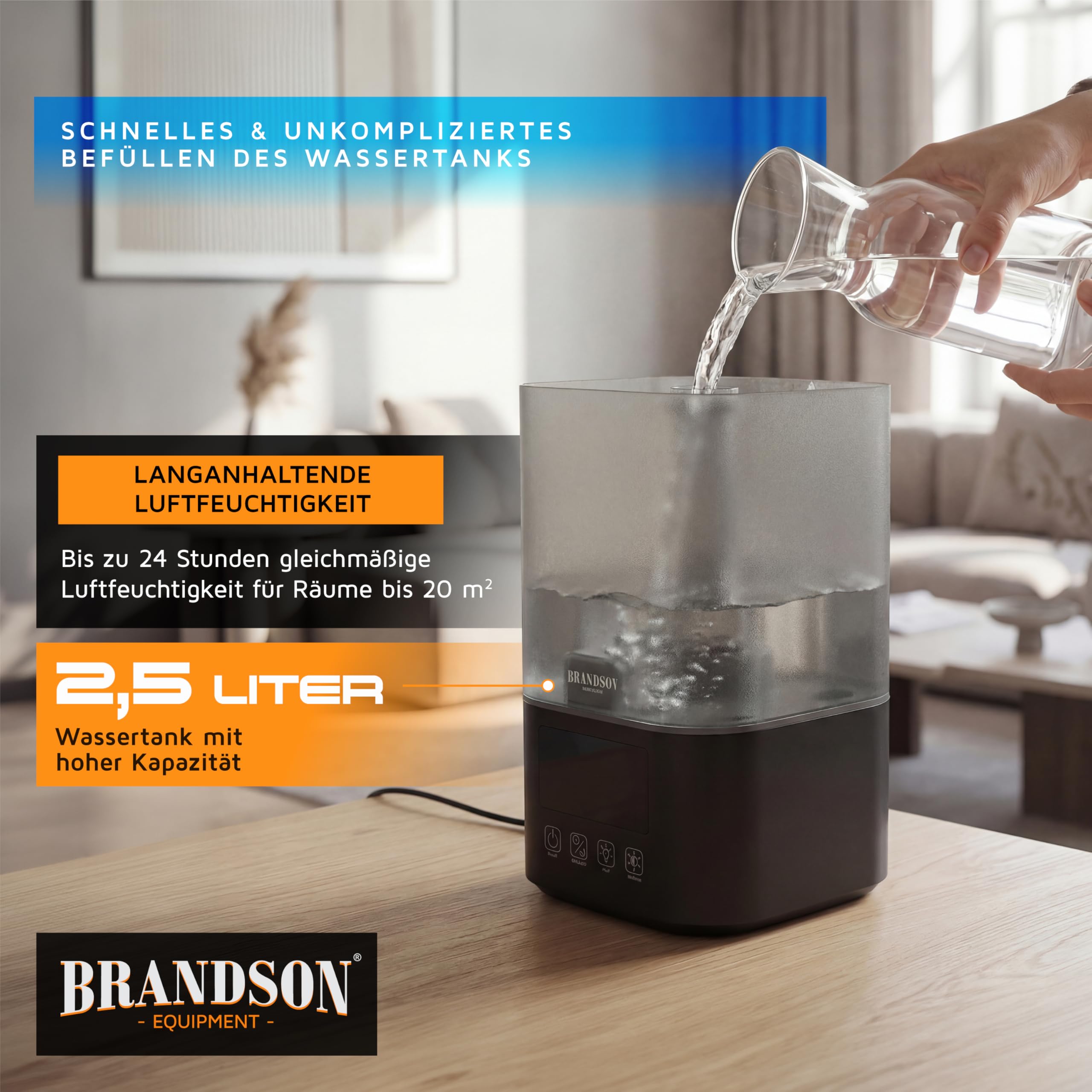 Brandson - Luftbefeuchter 2,5 Liter - sehr leise 30dB - Fernbedienung - Display digital – 3 Nebelstufen - 7 Helligkeitsstufen - RGB - Schlafmodus - Schlafzimmer Kinderzimmer Wohnzimmer