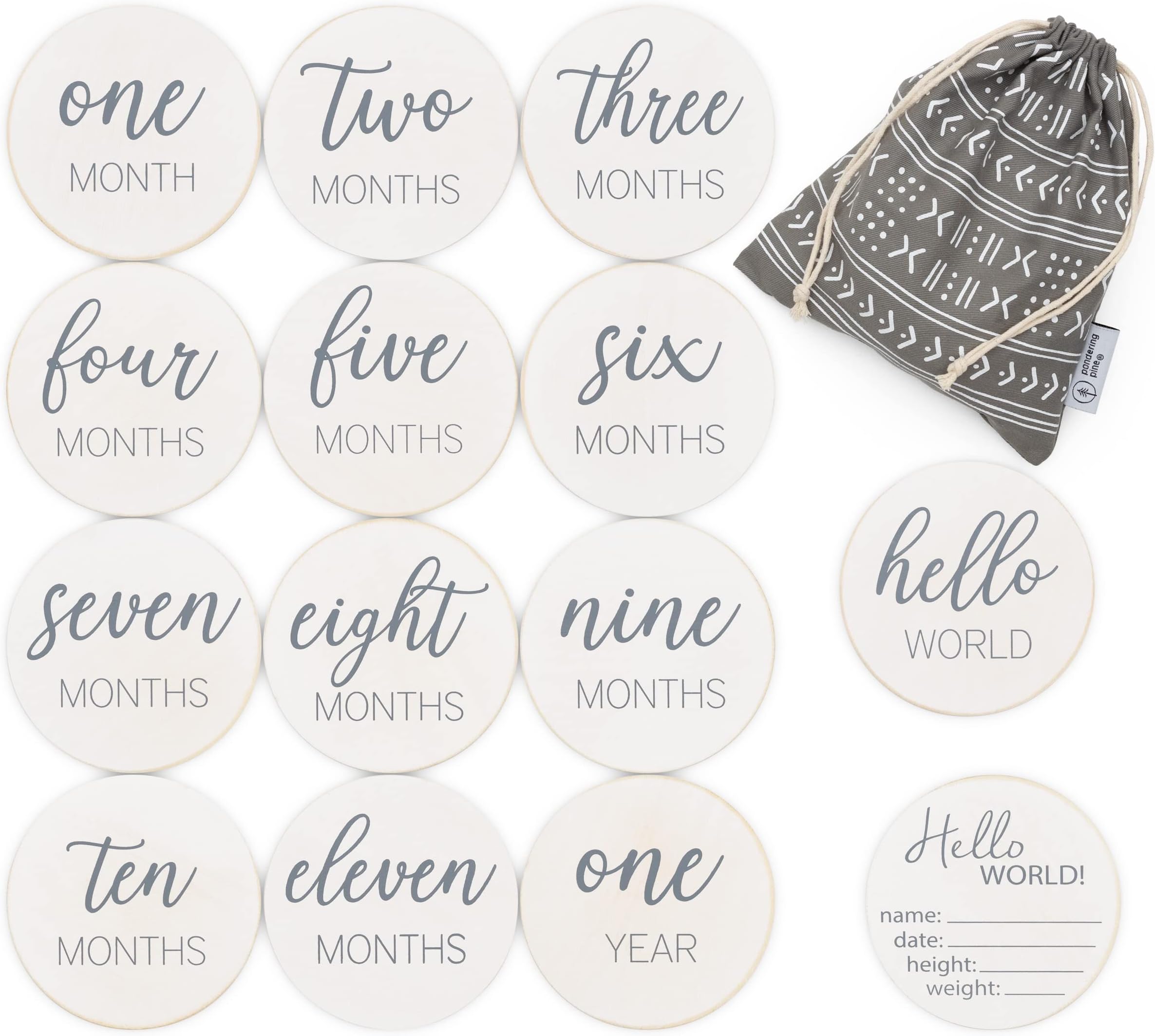 Natural Baby Milestone Discs - White Stain Wood Milestone Disc Set with Bag and Hello World Announcement Card - 13 Wooden Milestones Cards, Newborn Monthly First Year Picture Props, 1-12 Months