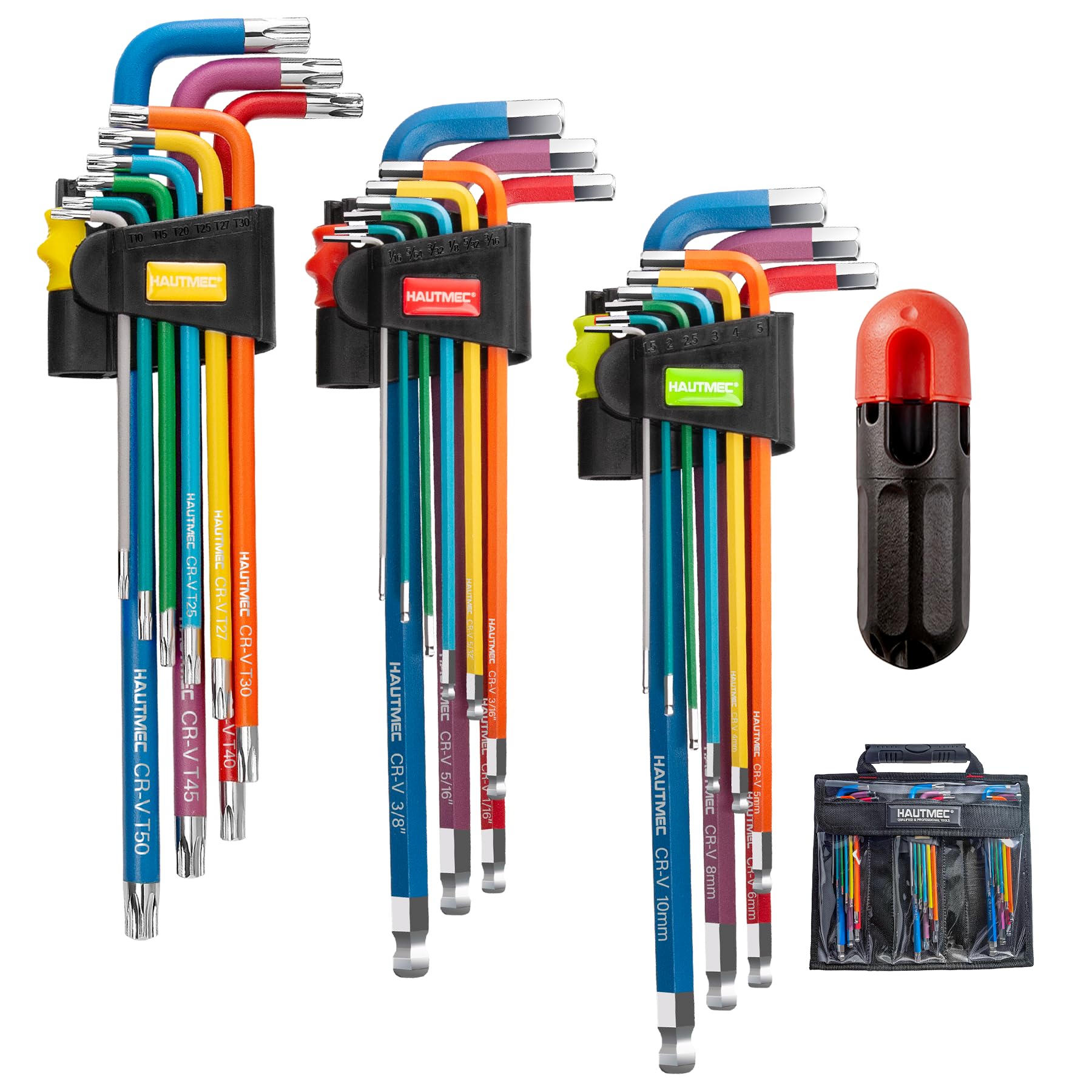 HAUTMEC 27PCS Long Hex Key Set, Ball End Allen Keys with T-Handle Adapter, Metric SAE Torx L-Key Set, 60CR-V Steel
