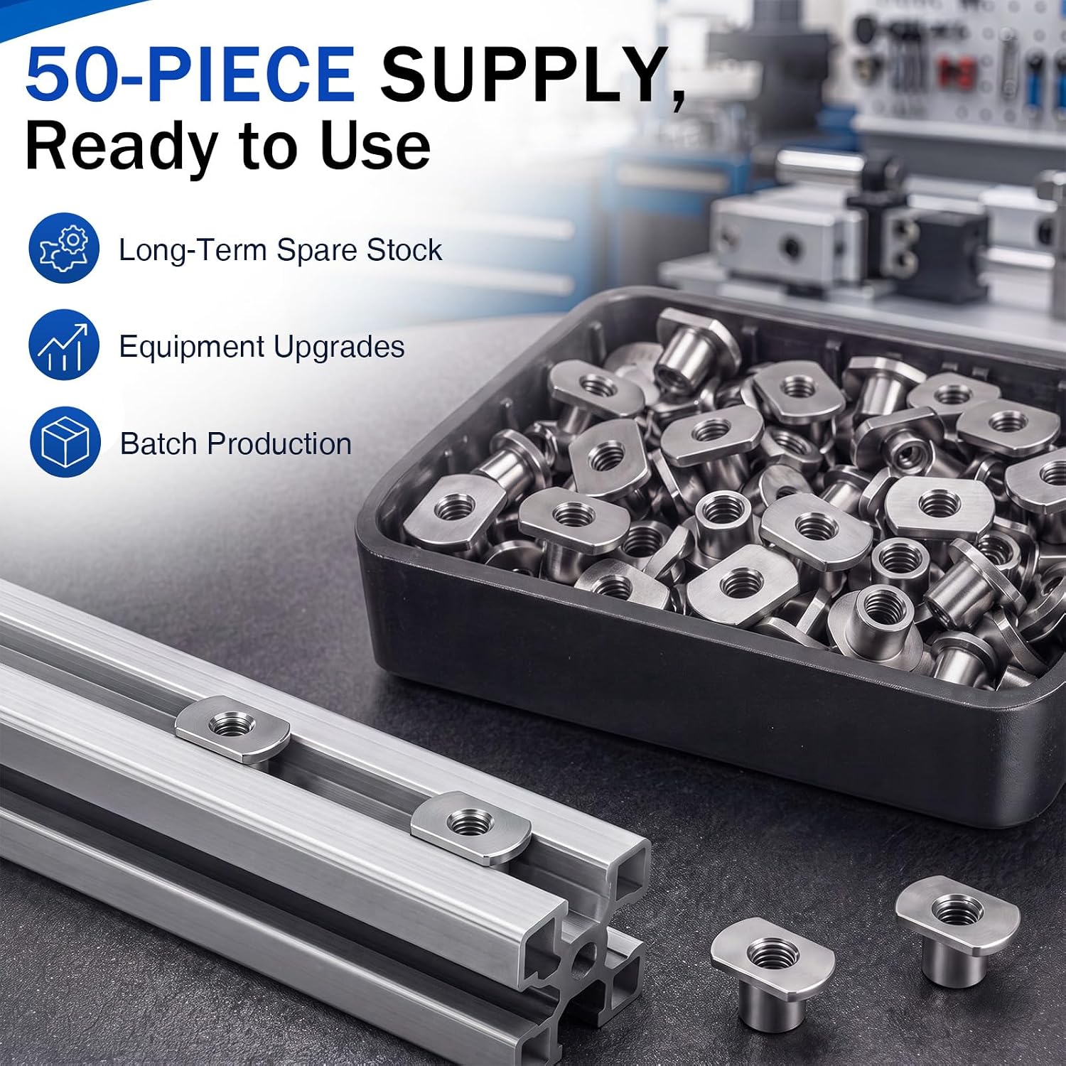 50 Pcs Sliding Tee T Nuts with 1/4‑20 Threads, Carbon Steel T Track Nuts for T-Slot, Aluminum Profiles, Industrial Fixture Fasteners for Workshop DIY Mechanical Assembly