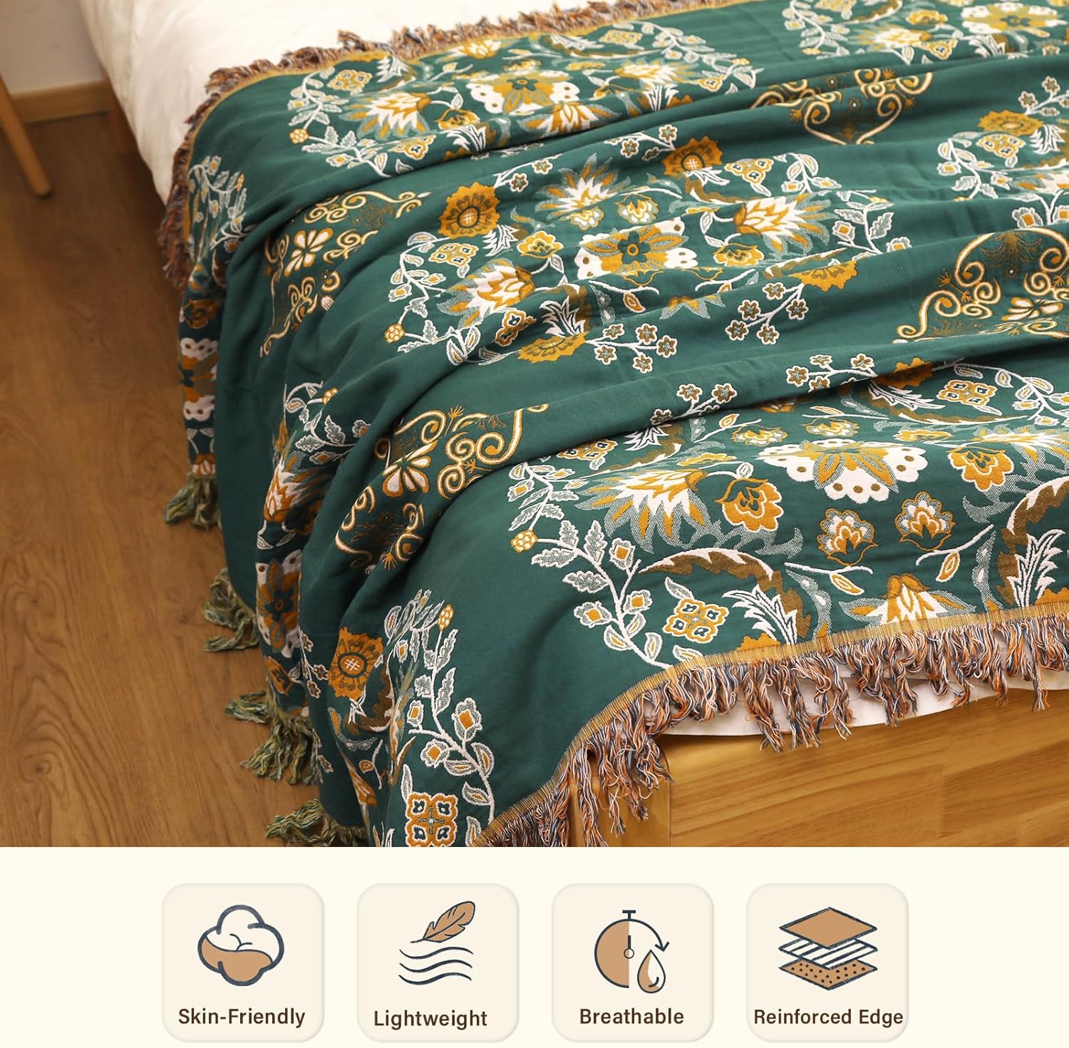 Lahome Boho Throw Blanket for Bed, Cotton Muslin Soft Cozy Rustic Blankets for Couch, Reversible Throws for Sofa Chair, Orange Blue 60''x80''