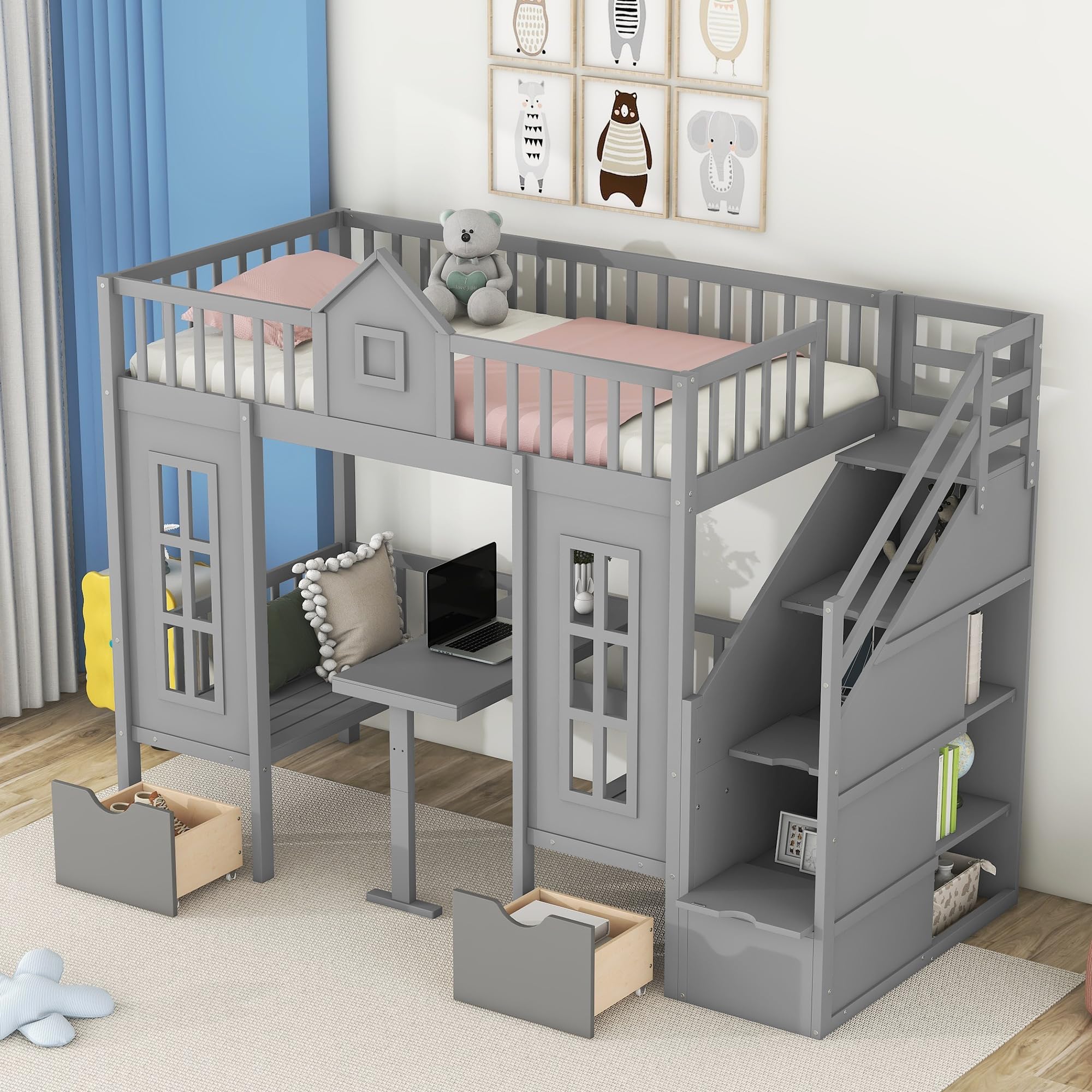 Merax Twin Over Twin Bunk Bed with Changeable Table, Bunk Bed Turn into Upper Bed and Down Desk,Gray