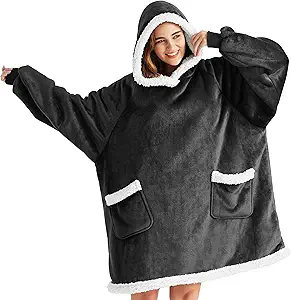 Bedsure Blanket Hoodie, Wearable Blanket for Adults & Kids as Gifts for Women Men, Birthday Gifts for Women Mom Girl Sherpa Oversized Hoodie, Grey Black, Small