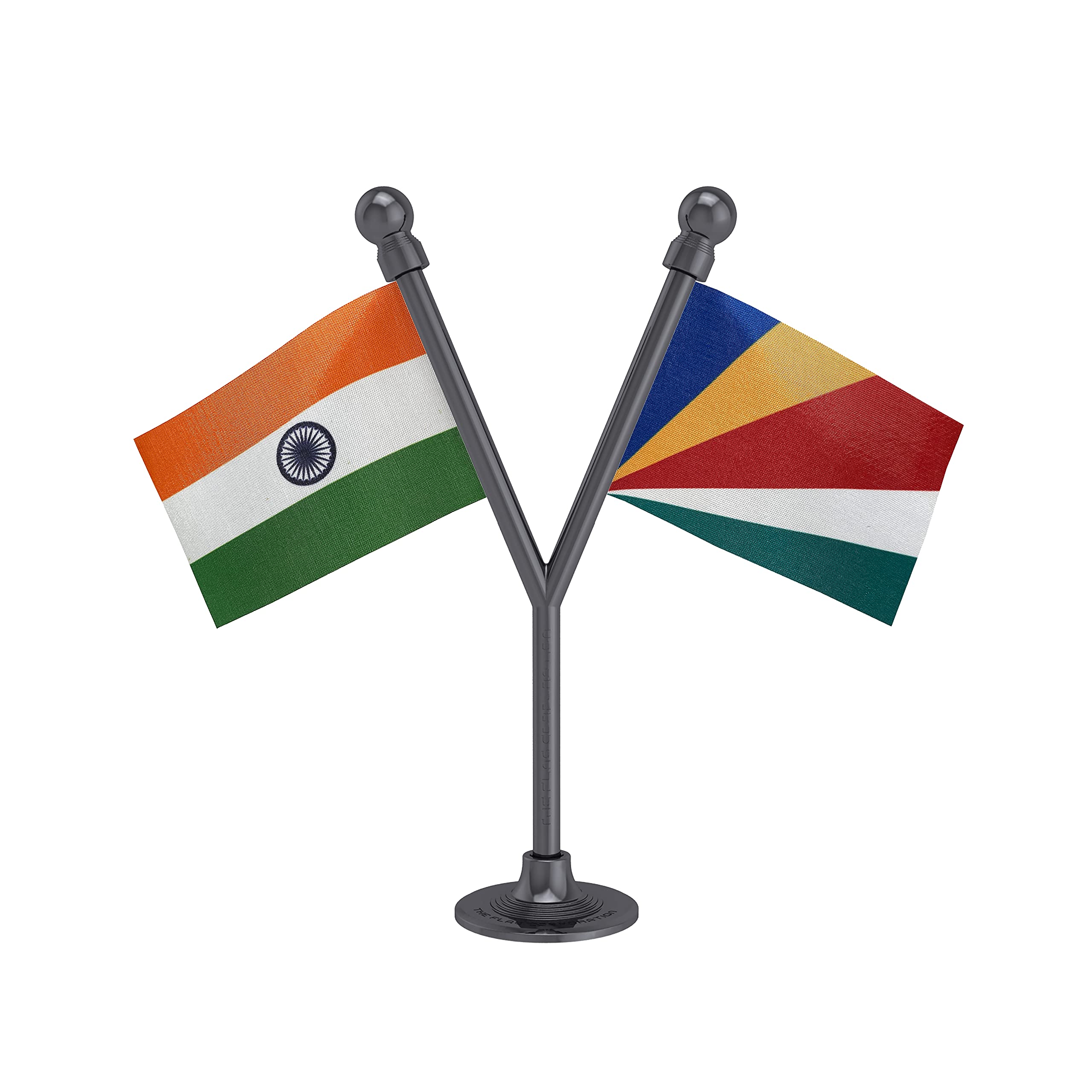The Flag Corporation India & Seychelles Car Dashboard Flag 2in x 3in With A Plastic Dark Knight Grey Base