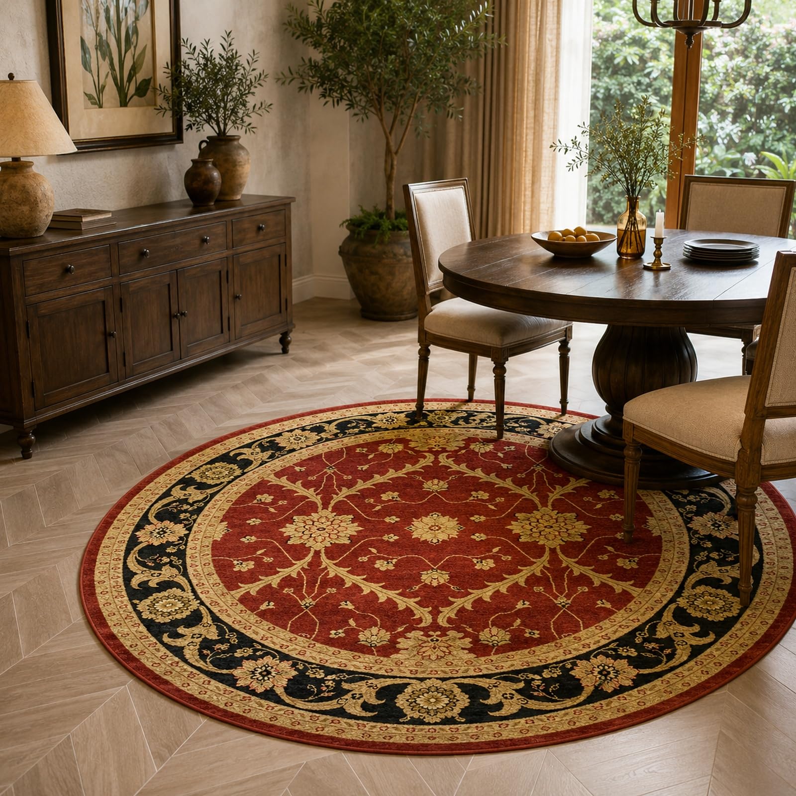 Tapis rond d'exception vintage à motifs floraux rouge et jaune 200 cm