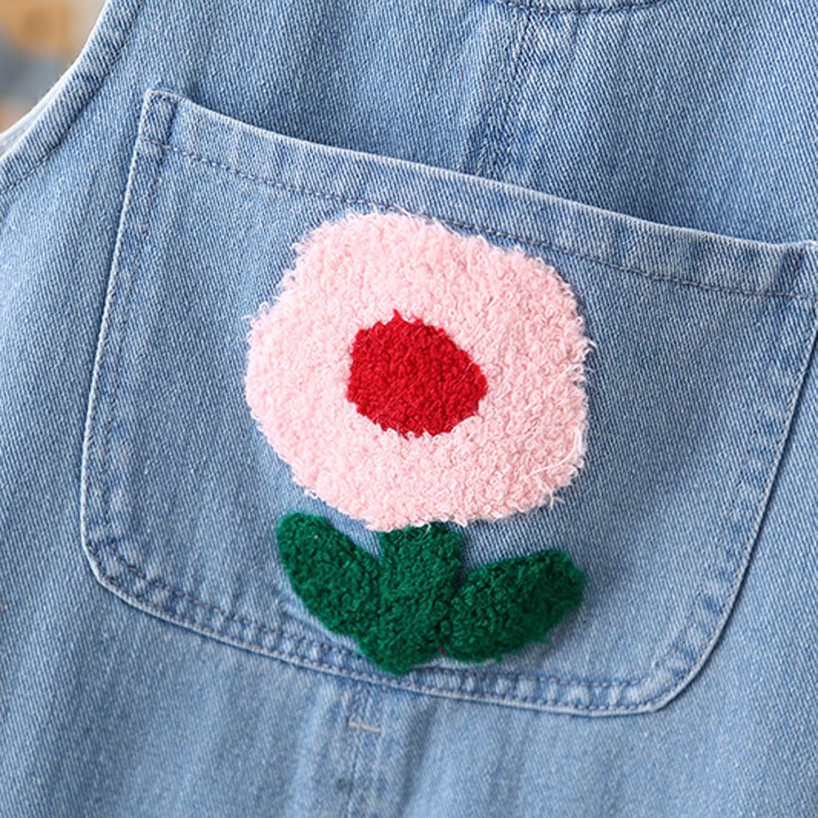 Salopette da bambina con ricami floreali, graziosi pantaloni jeans per bambini e abbigliamento da gioco, morbidi e confortevoli, ideali per l'uso quotidiano
