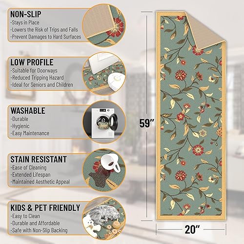 Miniatura 2 de Ottomanson Ottohome Collection - Alfombra antideslizante de goma con diseño de hojas florales de 2 x 5 pulgadas, 20 x 59 pulgadas, color verde