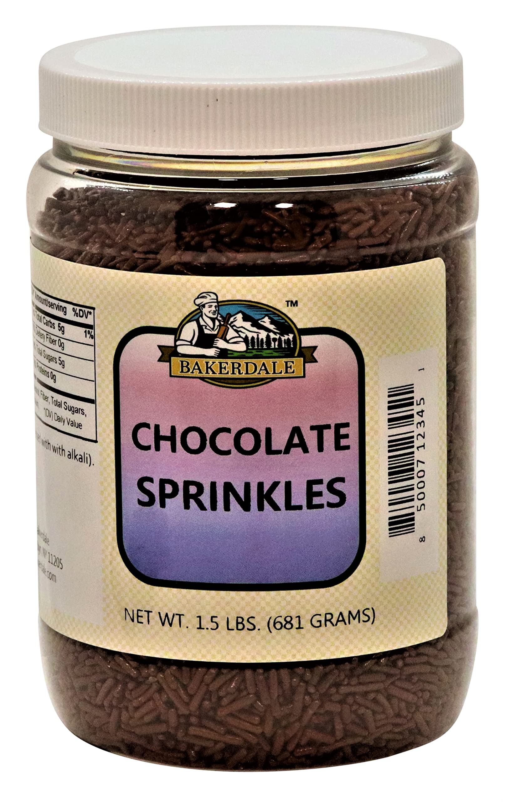 Bakerdale Chocolate Sprinkles, 1.5 Lbs. Bulk Container Jimmies for Baking, Ice Cream Dessert Topping, and Cake Decorating