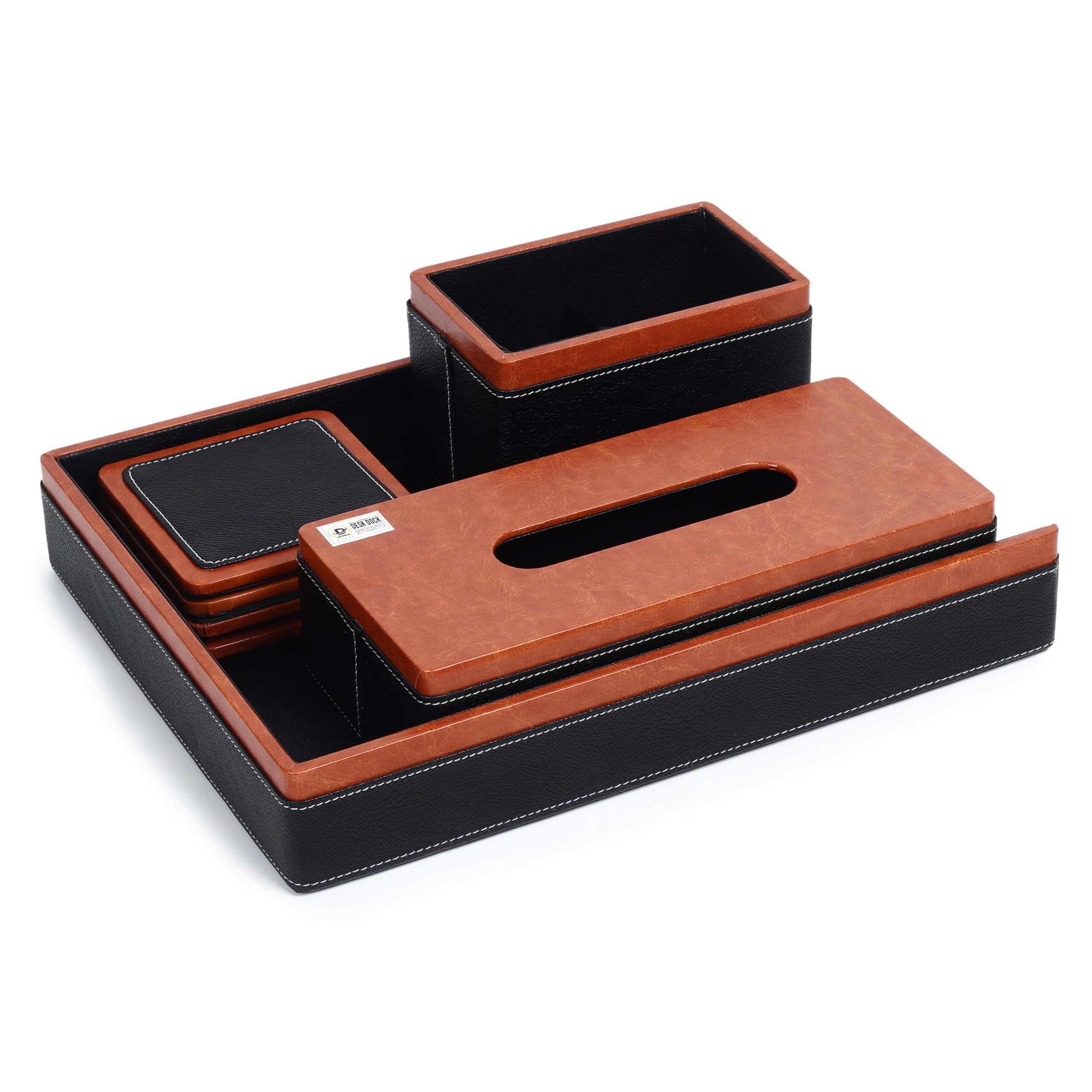 DESKDOCK VIP Organizer da scrivania in pelle con scatola per fazzoletti, porta telecomando, portapenne, nero e marrone, grande
