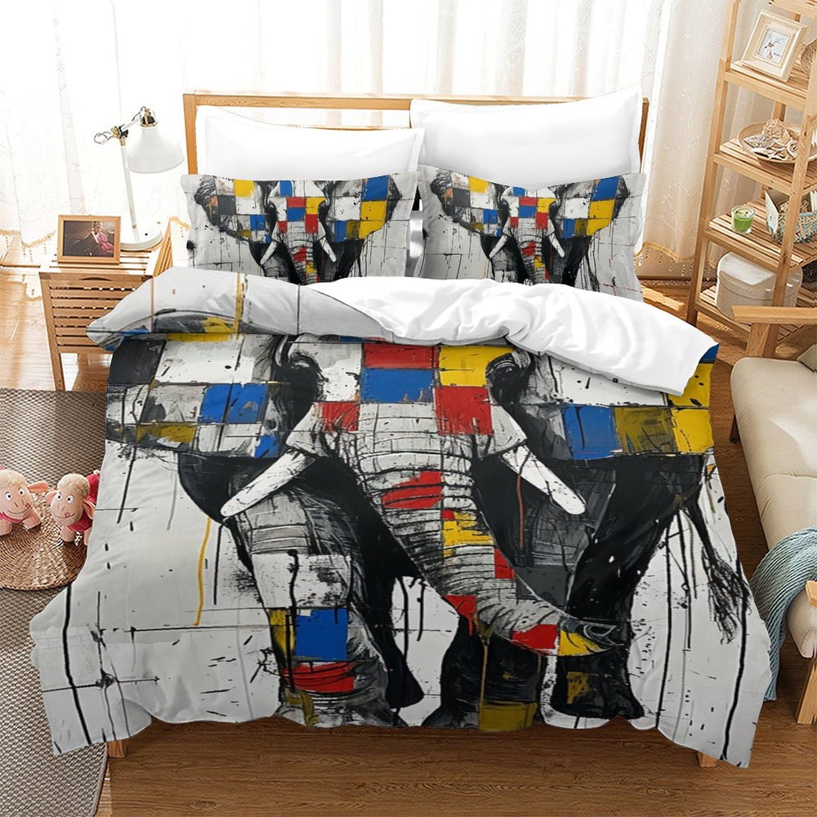 Housse de couette éléphant anti-plis en microfibre douce avec fermeture éclair pour lit 1 personne