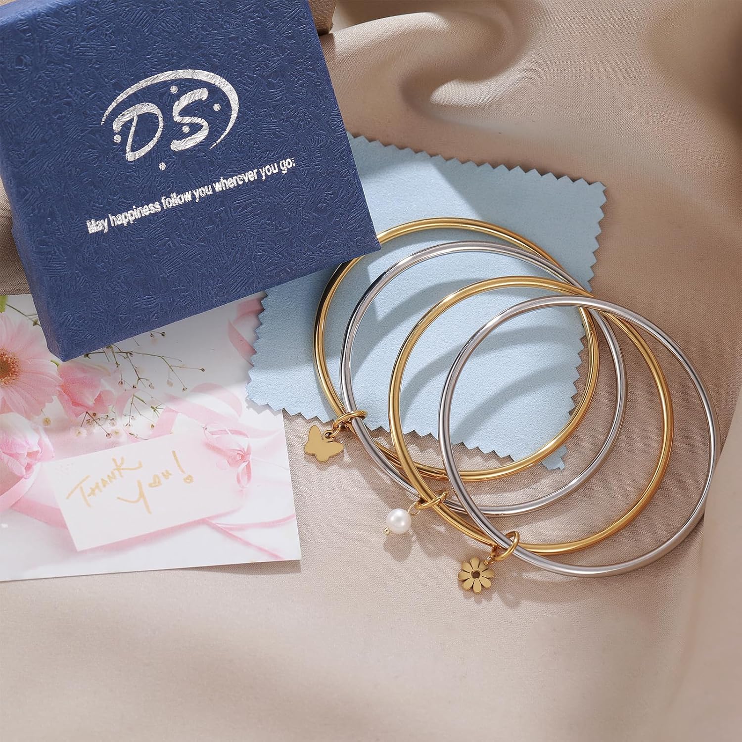 DS Bangle Bracelets for Women 18K Gold Plated Stainless Steel Layering Glossy Stackable Thin Round Wire Cuff Bangle Bracelets Dainty Solid Polished Bracelet Minimalist Jewelry Best Gifts for Love - Image 7