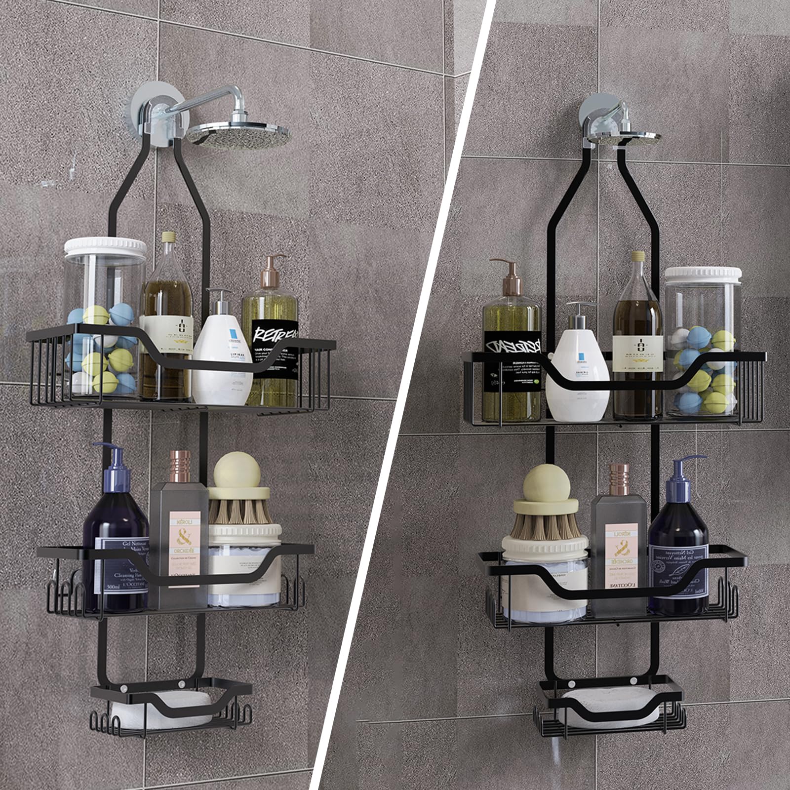 Mensola da doccia sospesa, mensola doccia a 3 ripiani, senza foratura, da appendere con 2 cestelli, 1 vassoio per sapone, mensola doccia, organizer da bagno in acciaio inox, porta shampoo