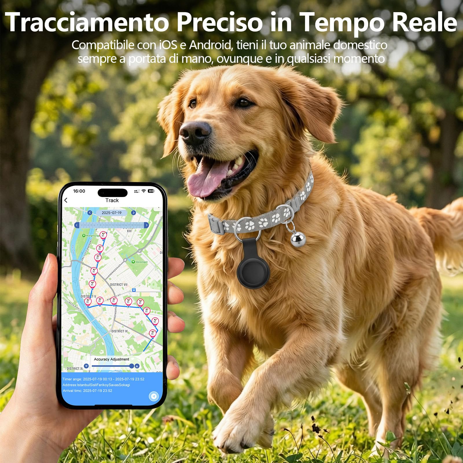 GPS per Cani, Collare GPS Gatto con Tracciamento in Tempo Reale, Localizzatori GPS per Cani, Posizionamento Globale Compatibile con iOS e Android, Impermeabile IPX6, Nessun Abbonamento - Grigio