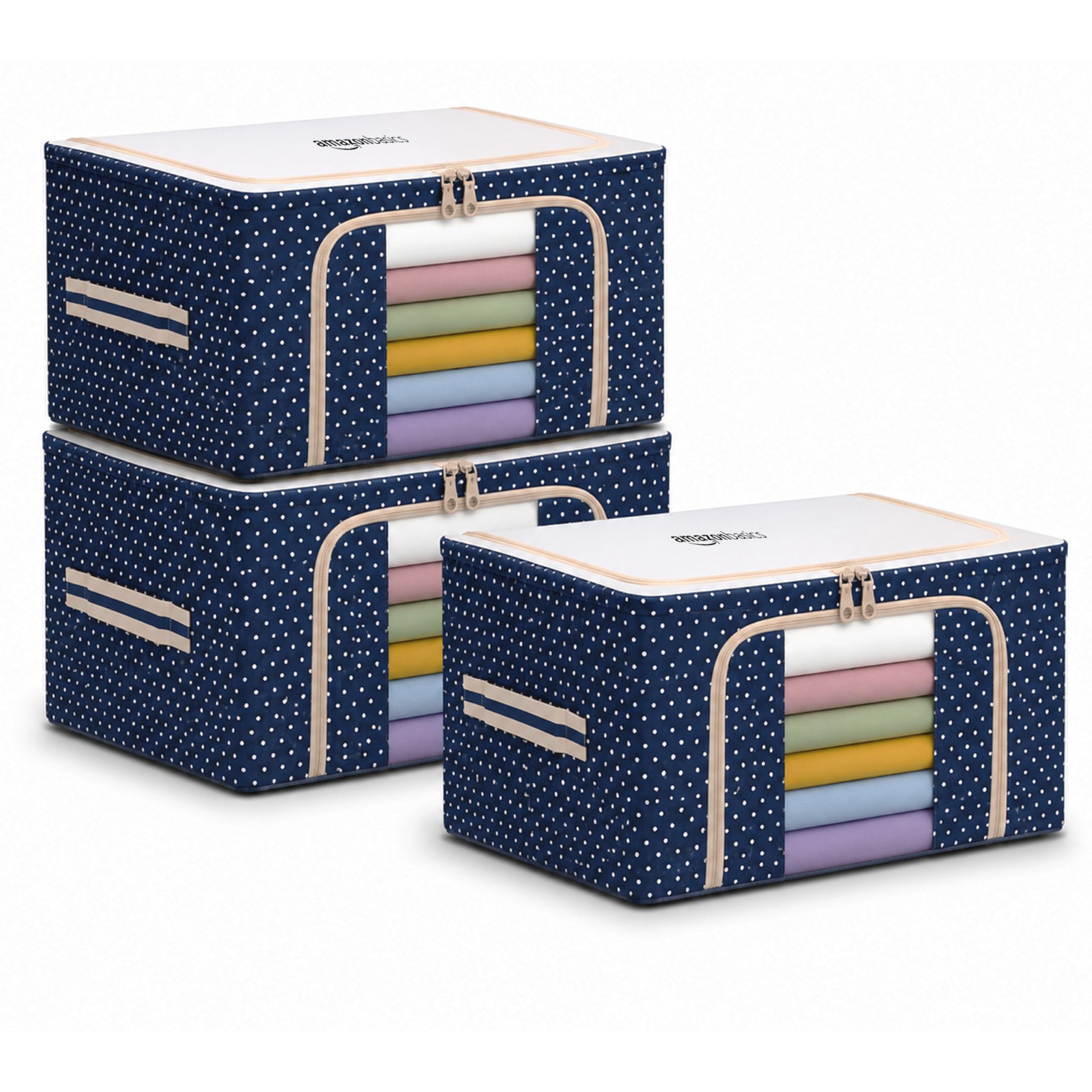 amazon basics Foldable Steel Frame Clothes Organizer Storage Box for Wardrobe, Saree, Shirts, and Blankets- 24 L PACK OF 3-image-0