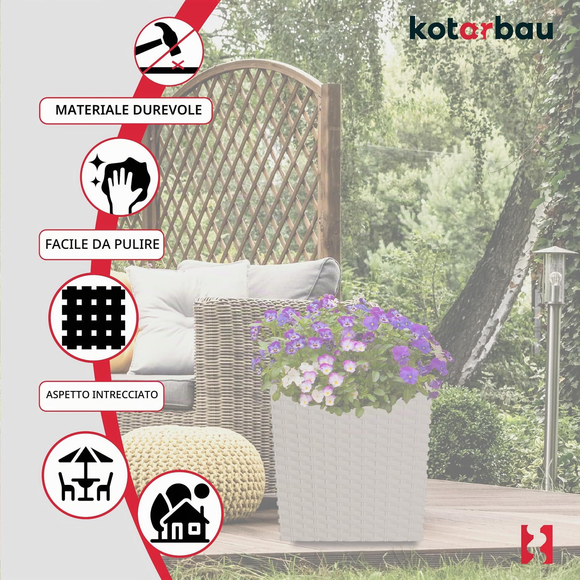 KOTARBAU® Set di 2 vasi da fiori 15,8 L Altezza: 27 cm Mocca. Vaso per piante in plastica con sottovaso. Set di vasi da fiori come in rattan. Adatto per interni ed esterni